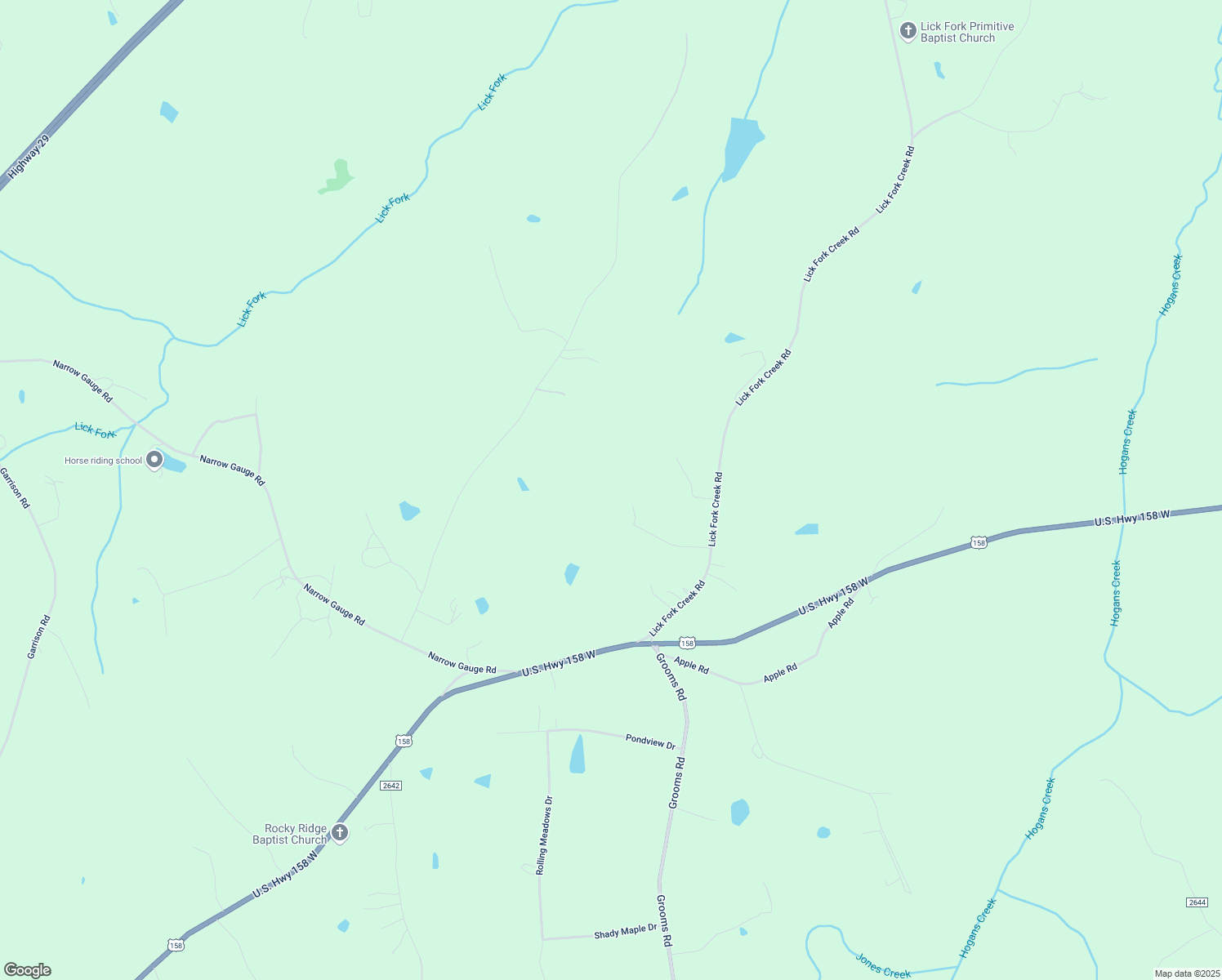 map of restaurants, bars, coffee shops, grocery stores, and more near 158 Lick Fork Lane in Reidsville