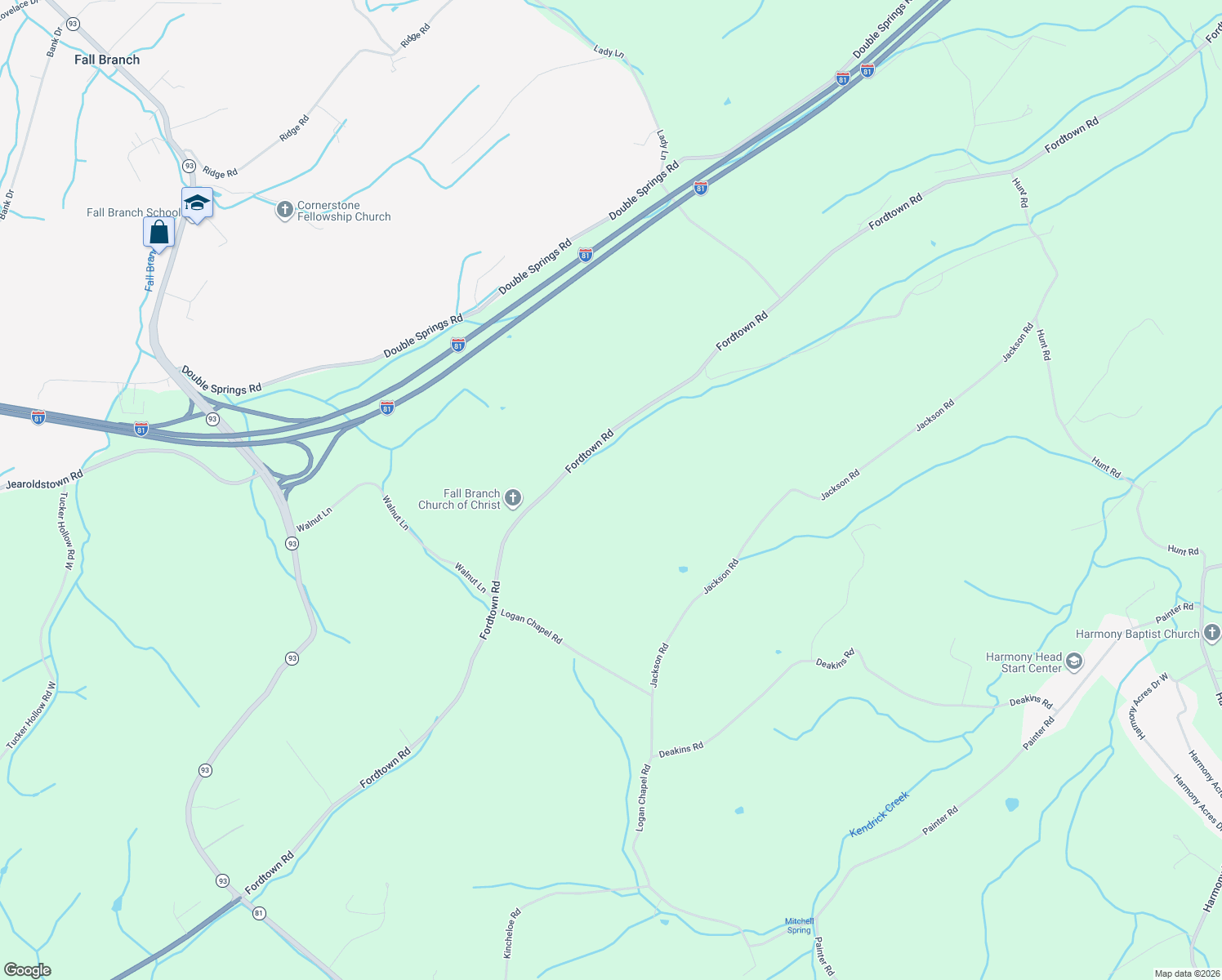 map of restaurants, bars, coffee shops, grocery stores, and more near 529 Fordtown Rd in Fall Branch