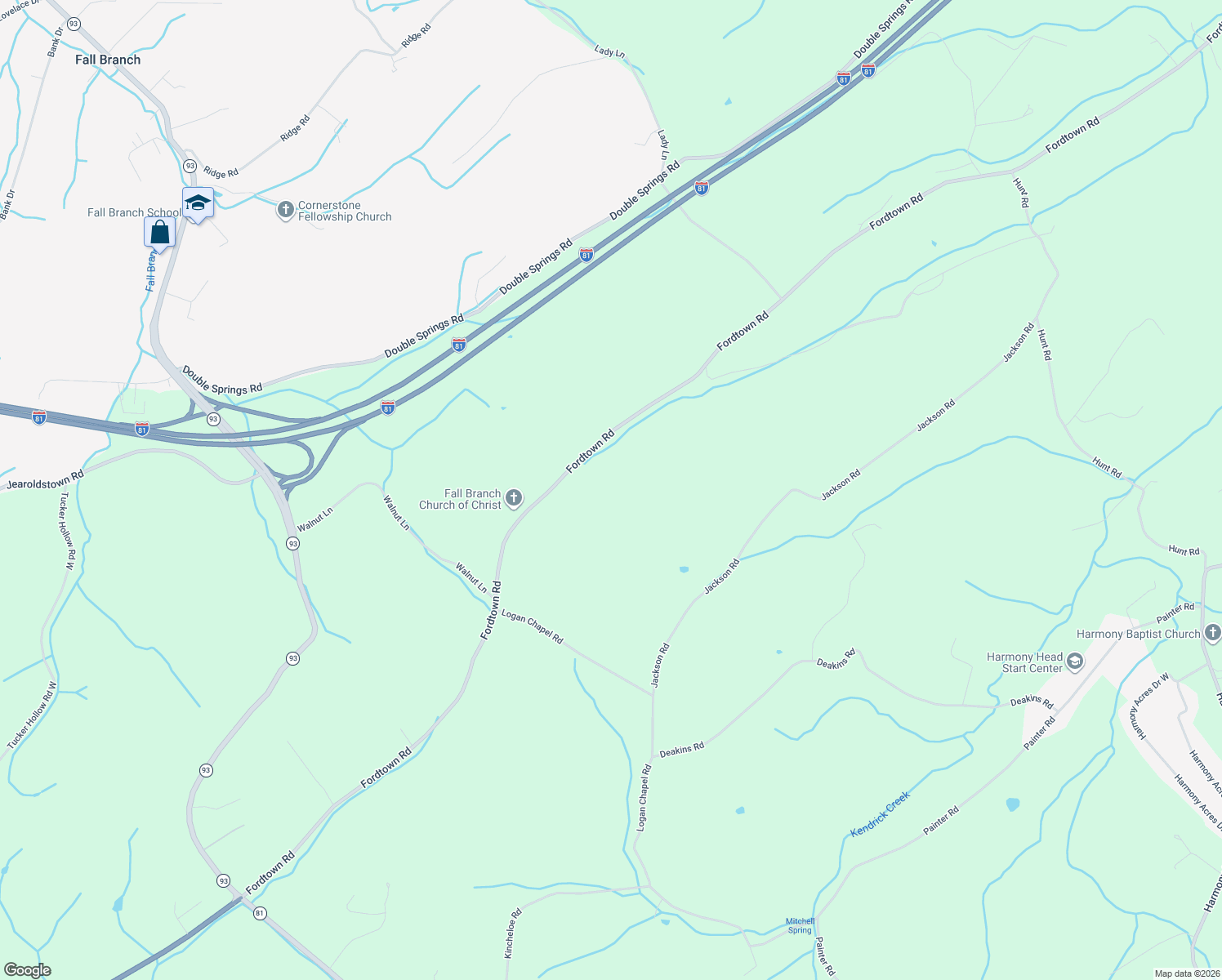 map of restaurants, bars, coffee shops, grocery stores, and more near 529 Fordtown Rd in Fall Branch
