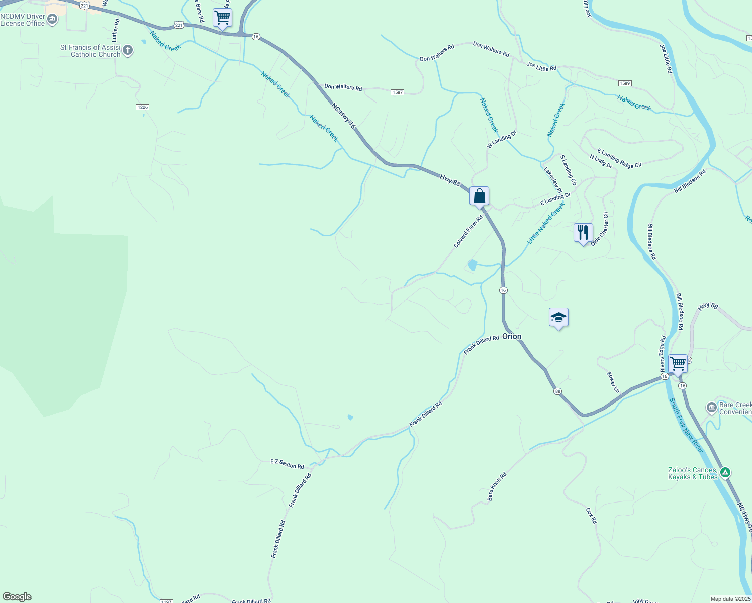 map of restaurants, bars, coffee shops, grocery stores, and more near Colvard Farm Road in Jefferson