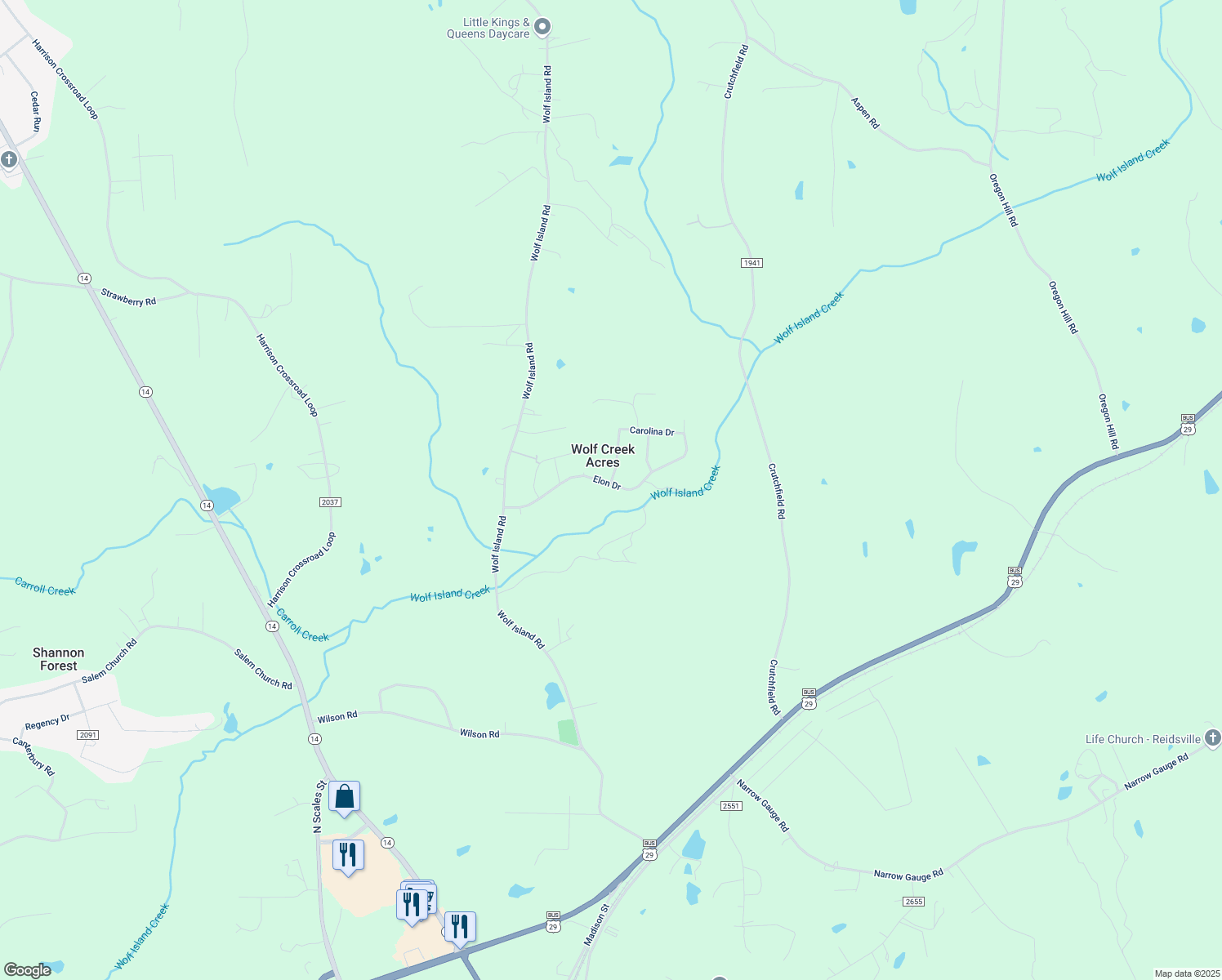 map of restaurants, bars, coffee shops, grocery stores, and more near 282 Elon Drive in Reidsville