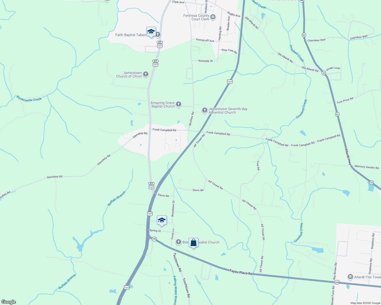 map of restaurants, bars, coffee shops, grocery stores, and more near 160 Alf Threet Rd in Jamestown