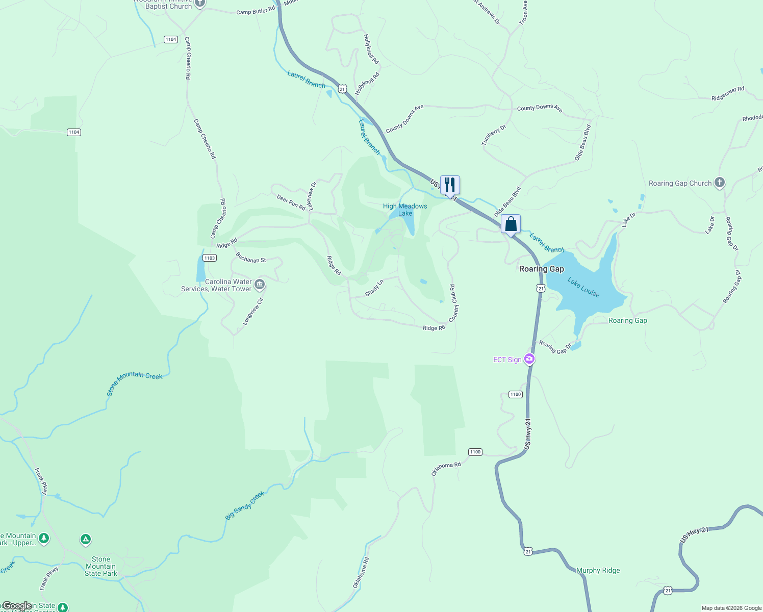 map of restaurants, bars, coffee shops, grocery stores, and more near 186 Woodcrest Road in Roaring Gap