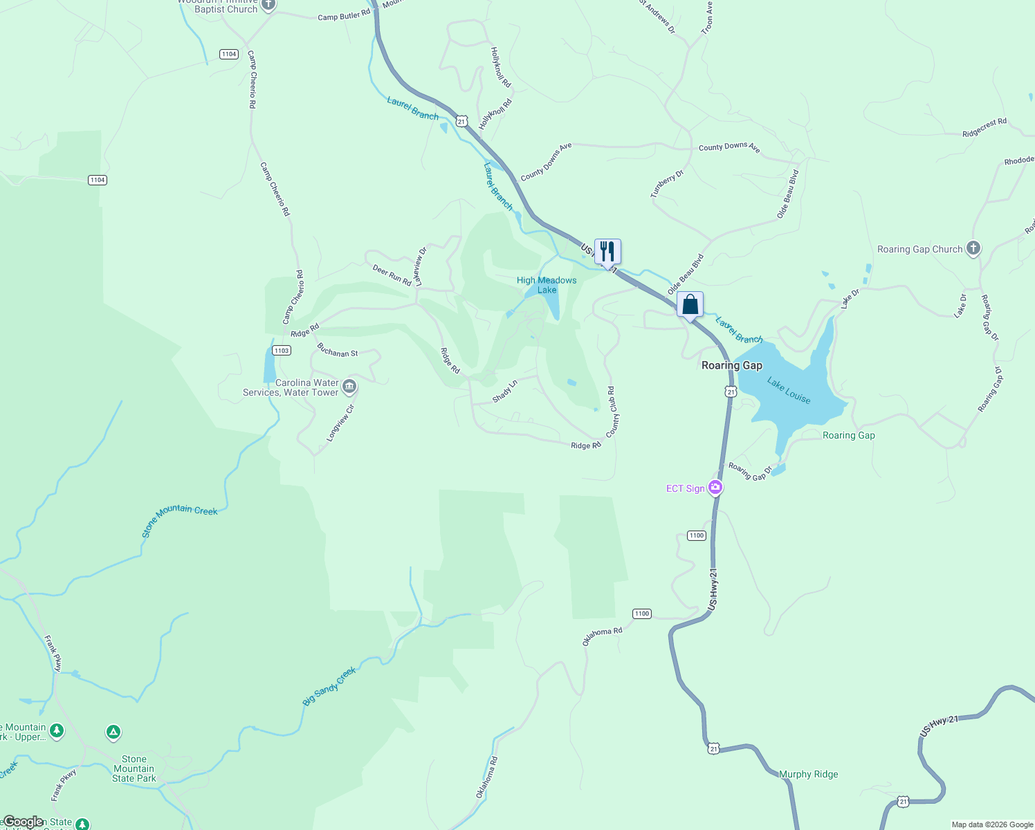 map of restaurants, bars, coffee shops, grocery stores, and more near 186 Woodcrest Road in Roaring Gap