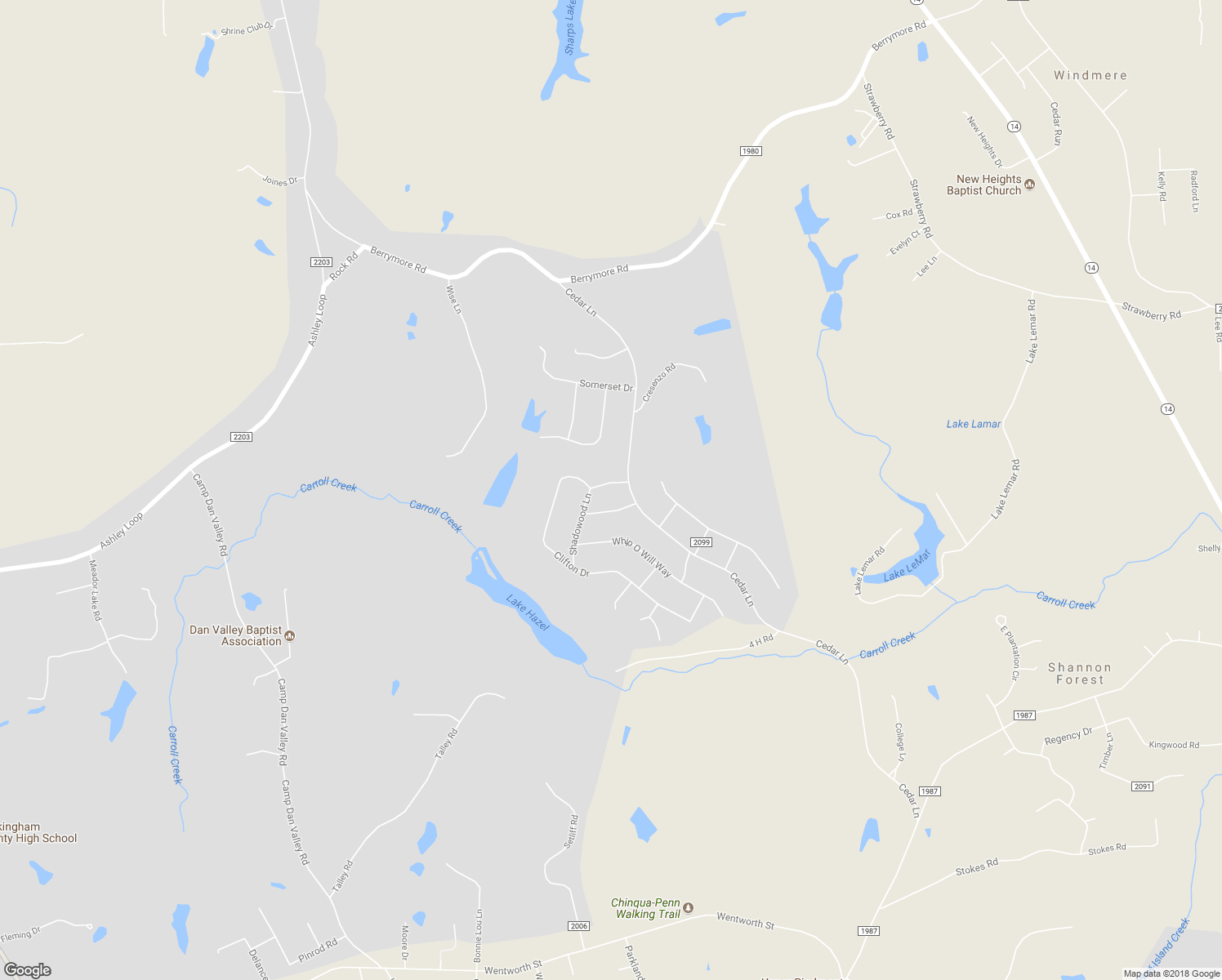 map of restaurants, bars, coffee shops, grocery stores, and more near 123 Shadowood Lane in Reidsville