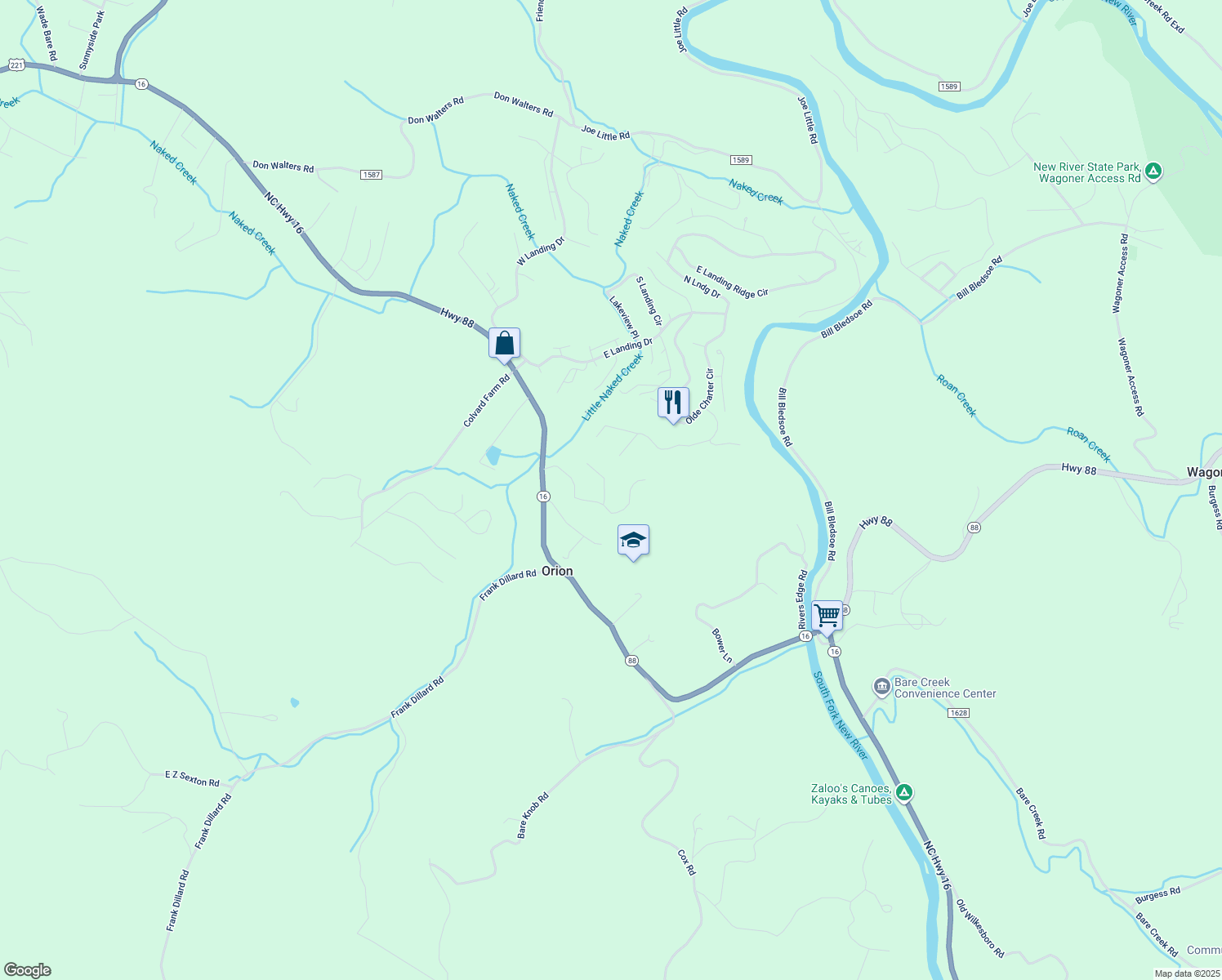 map of restaurants, bars, coffee shops, grocery stores, and more near East Creekside Lane in Jefferson