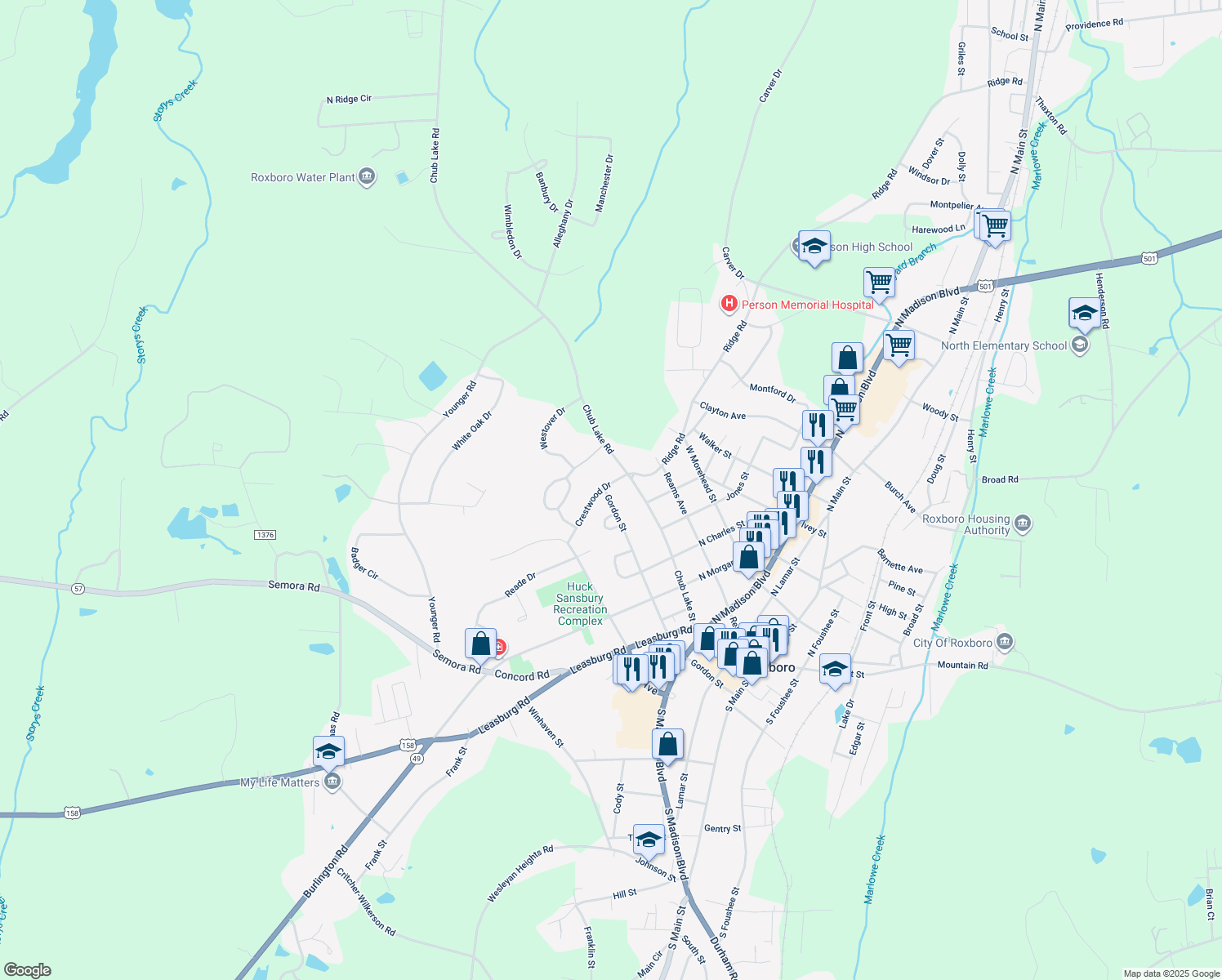 map of restaurants, bars, coffee shops, grocery stores, and more near 114 Crestwood Drive in Roxboro
