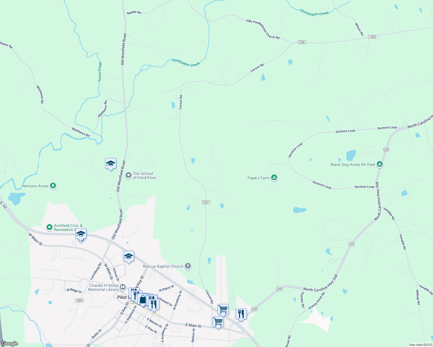 map of restaurants, bars, coffee shops, grocery stores, and more near 185 Southwycke Lane in Pilot Mountain