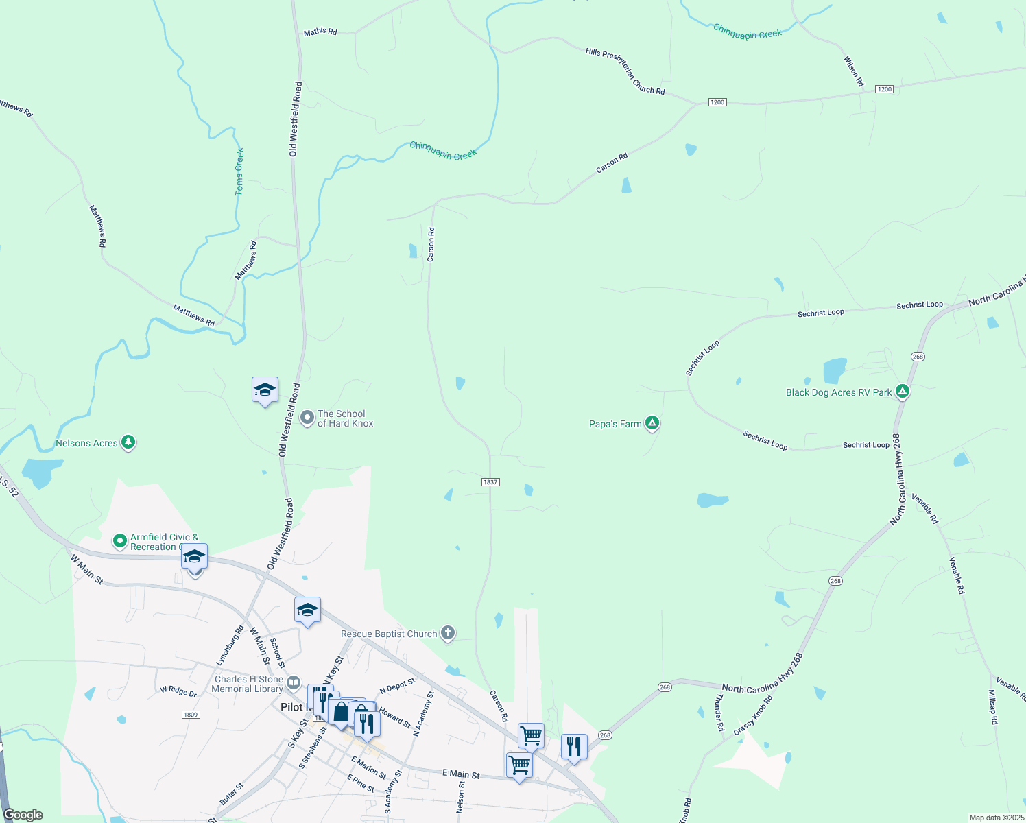 map of restaurants, bars, coffee shops, grocery stores, and more near 185 Southwycke Lane in Pilot Mountain