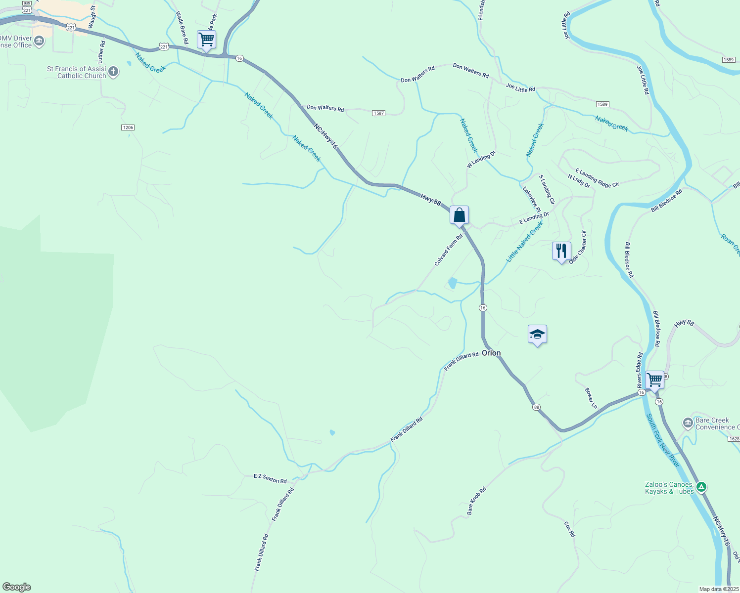 map of restaurants, bars, coffee shops, grocery stores, and more near 166 Stonewall Drive in Ashe County
