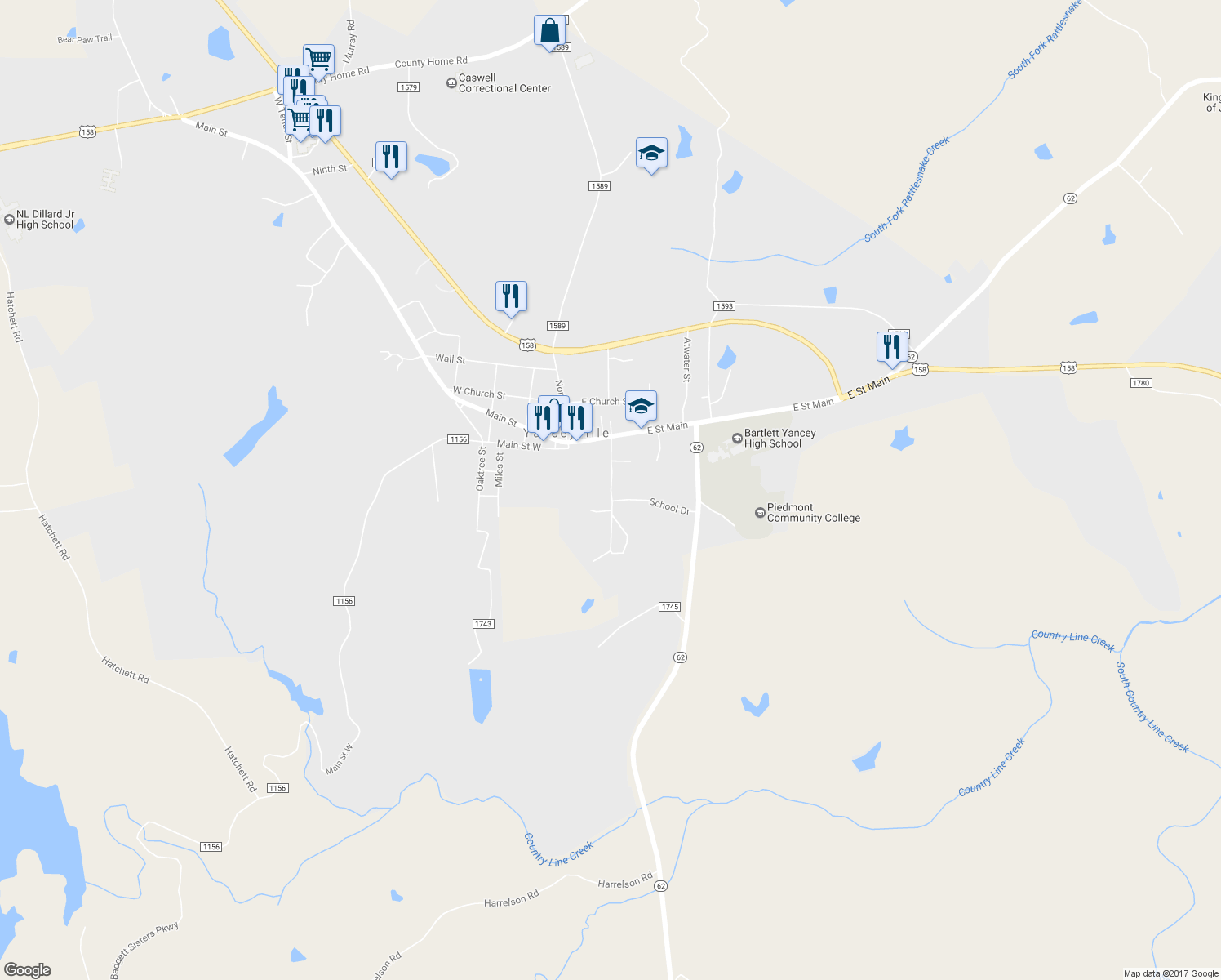map of restaurants, bars, coffee shops, grocery stores, and more near Dillard School Drive in Yanceyville