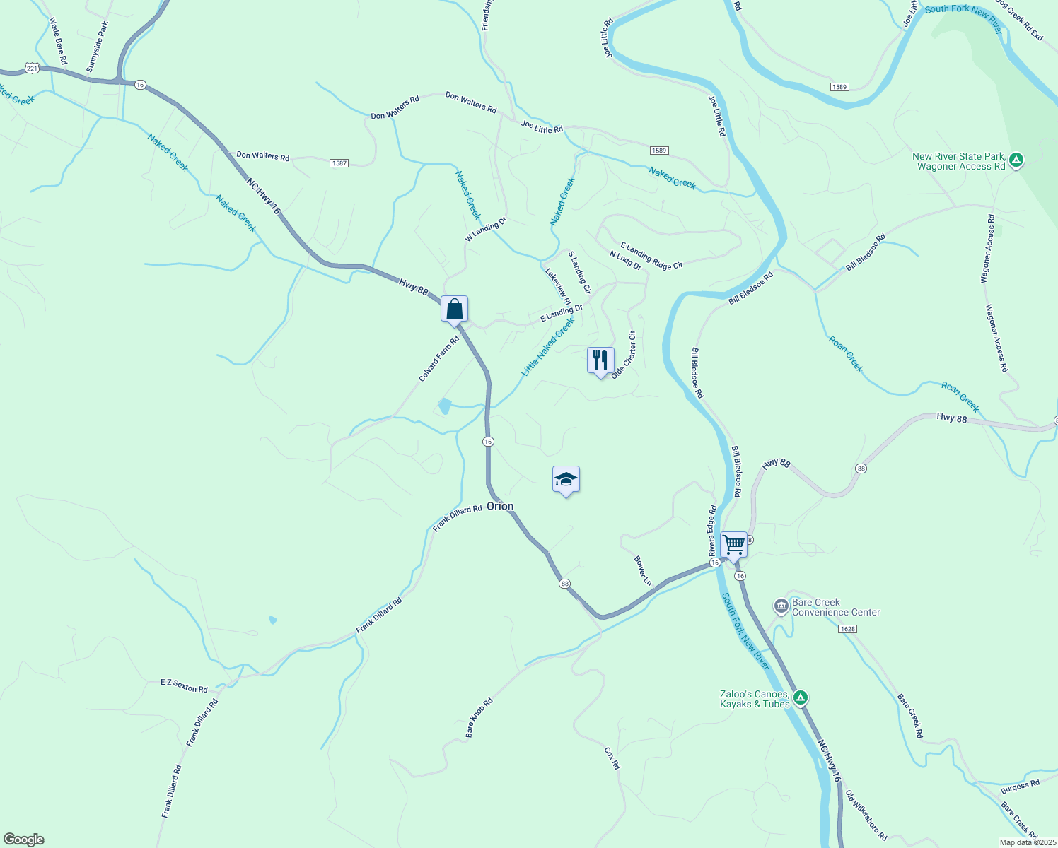 map of restaurants, bars, coffee shops, grocery stores, and more near 213 East Creekside Lane in Jefferson