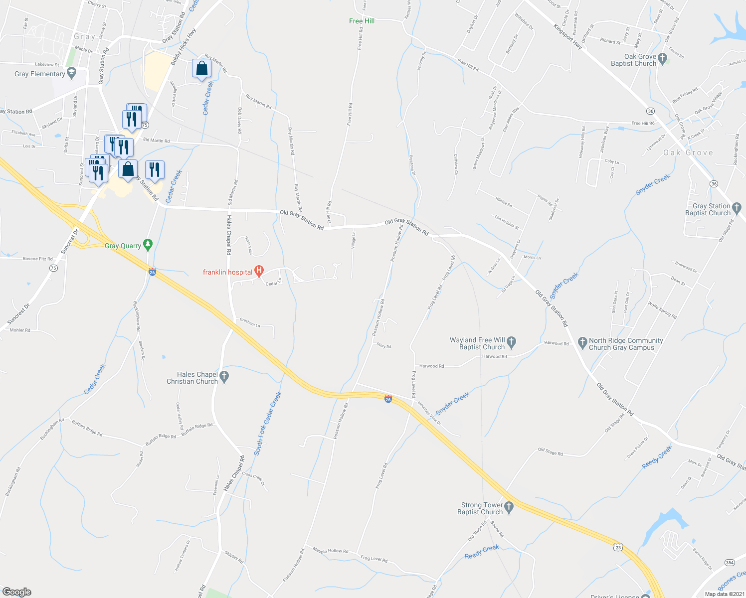 map of restaurants, bars, coffee shops, grocery stores, and more near 197 Possum Hollow Road in Johnson City
