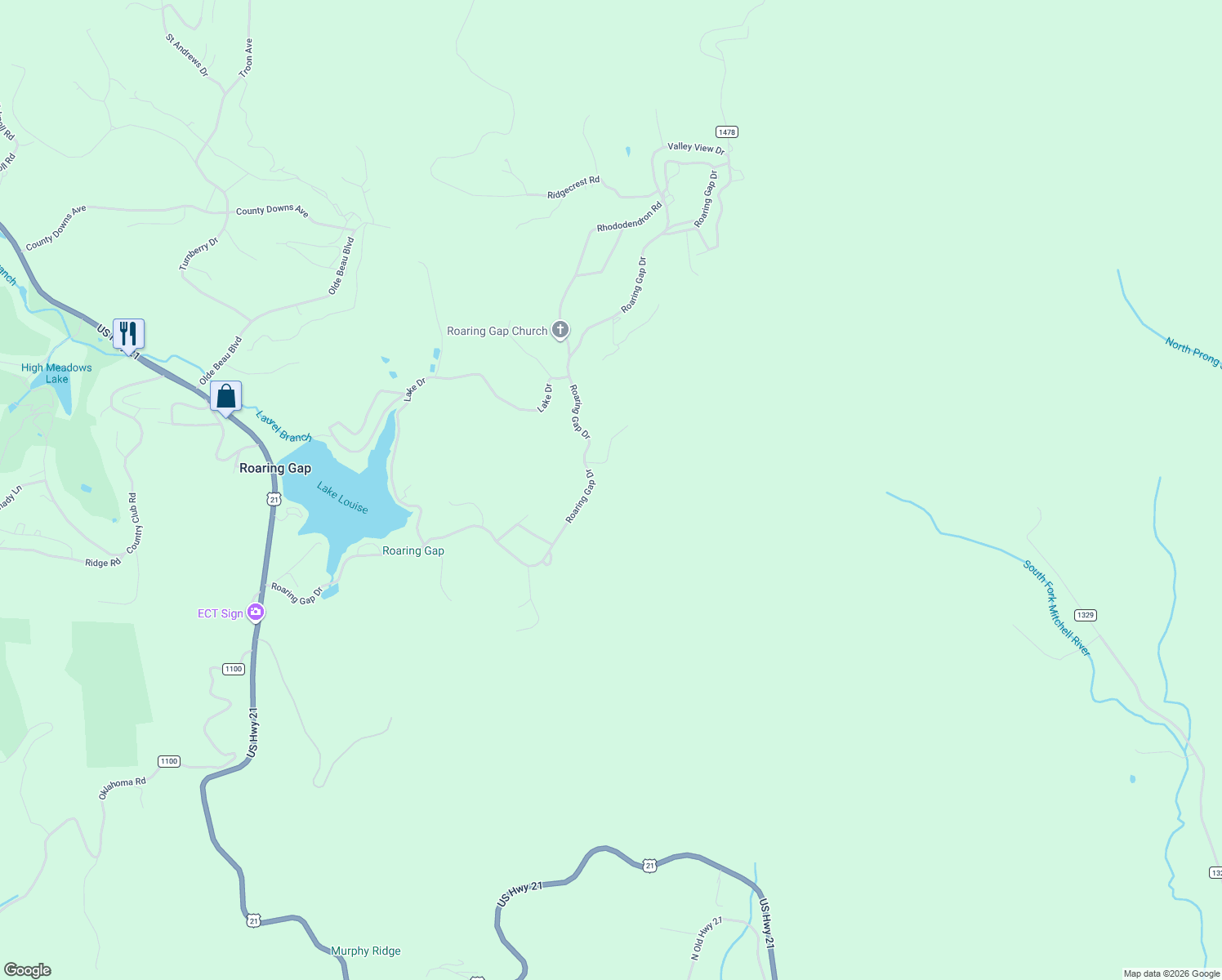 map of restaurants, bars, coffee shops, grocery stores, and more near 1224 Roaring Gap Drive in Roaring Gap