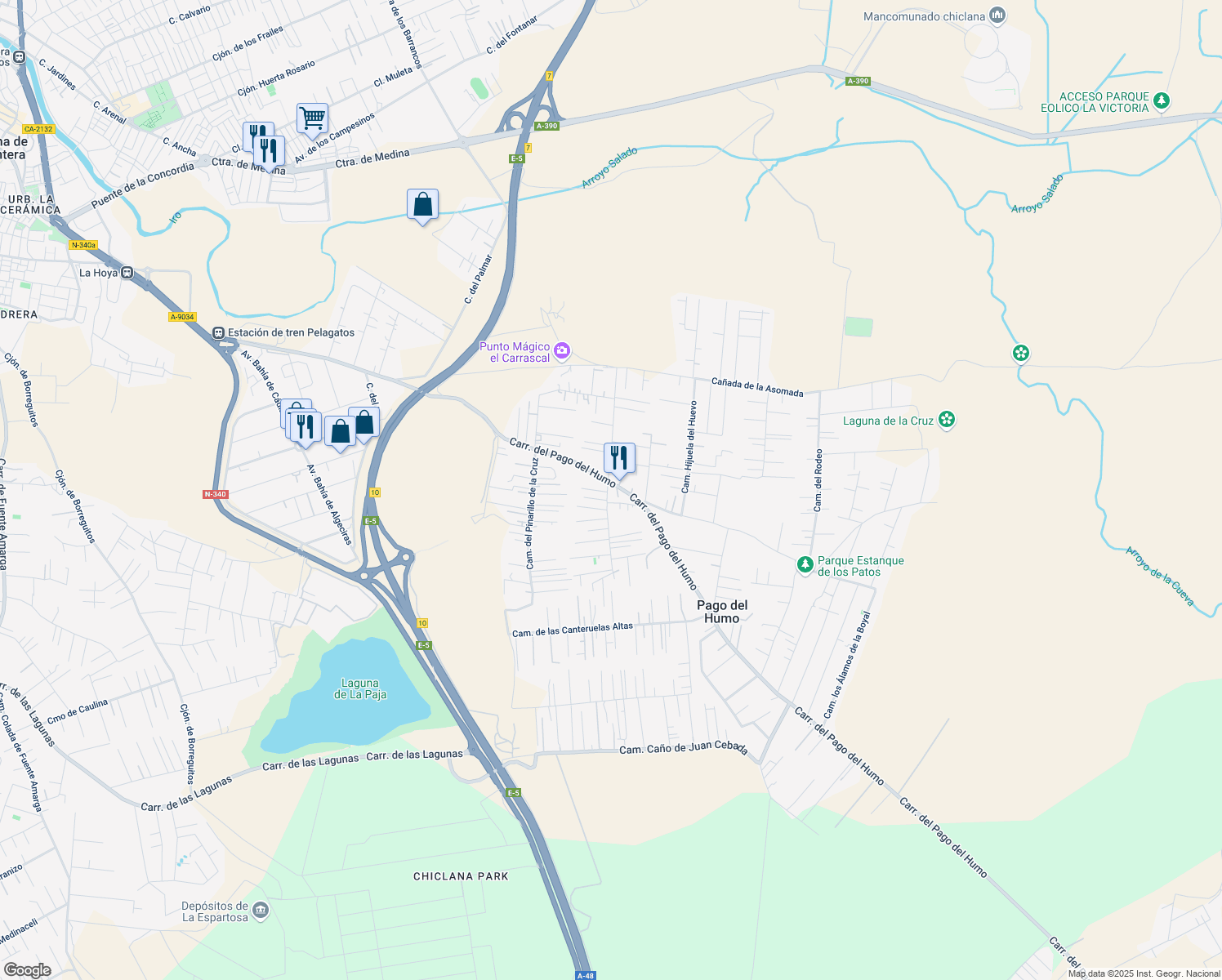 map of restaurants, bars, coffee shops, grocery stores, and more near 16 Callejón Virgen Del Pago Del Humo in Chiclana de la Frontera