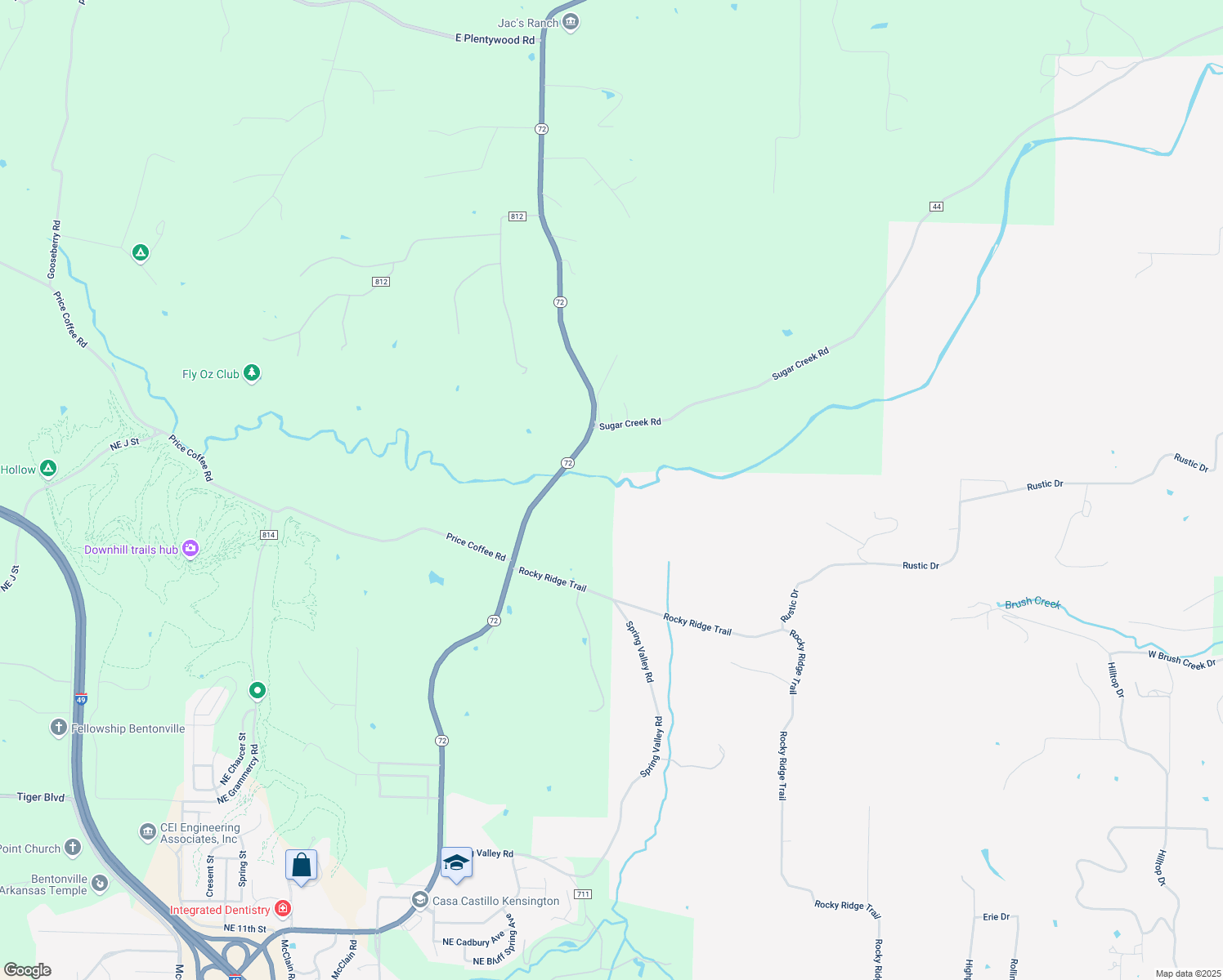 map of restaurants, bars, coffee shops, grocery stores, and more near 10187 Sugar Creek Road in Bentonville