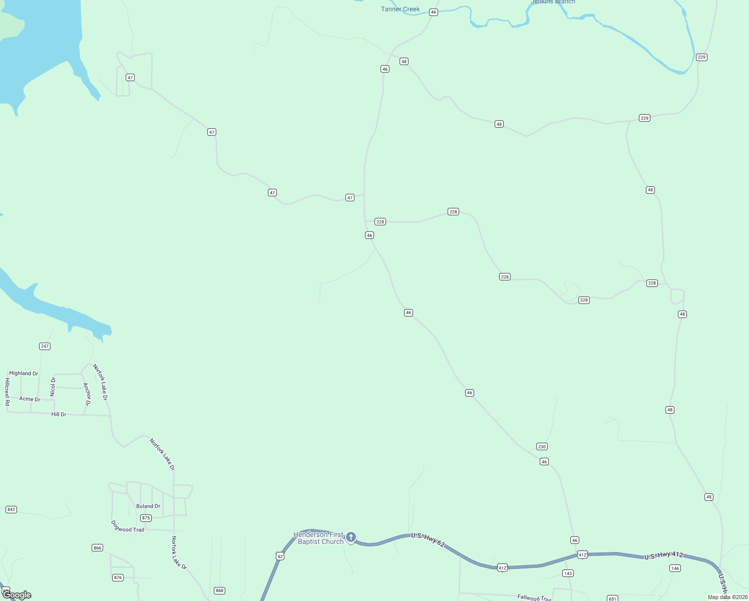 map of restaurants, bars, coffee shops, grocery stores, and more near 1838 County Road 46 in Henderson
