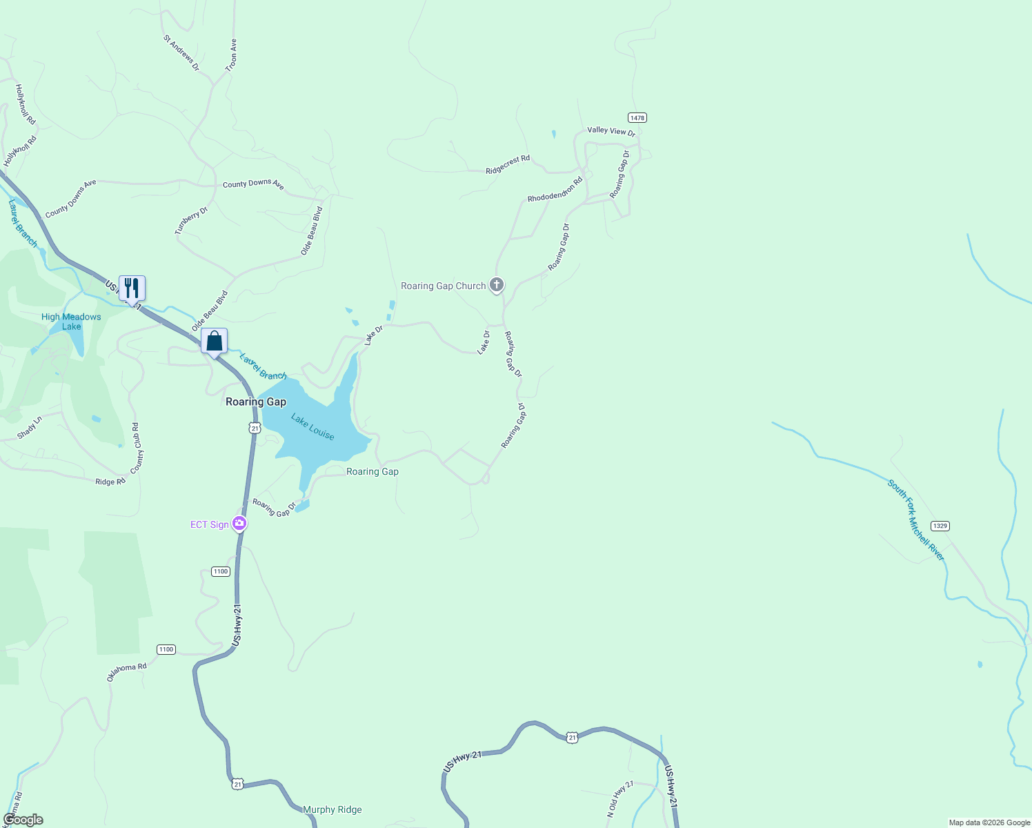 map of restaurants, bars, coffee shops, grocery stores, and more near 1224 Roaring Gap Road in Glade Valley