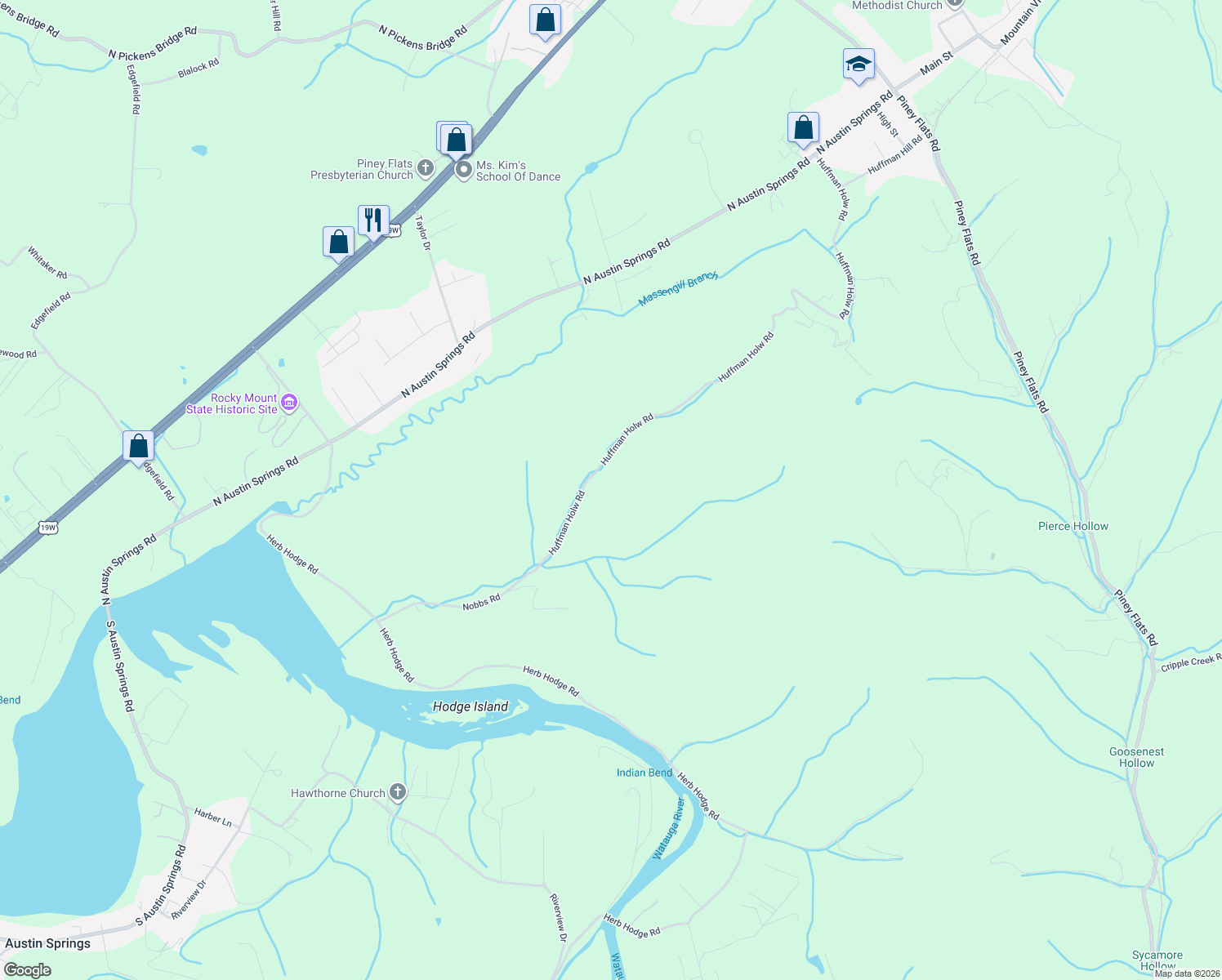 map of restaurants, bars, coffee shops, grocery stores, and more near 827 Huffman Road in Piney Flats