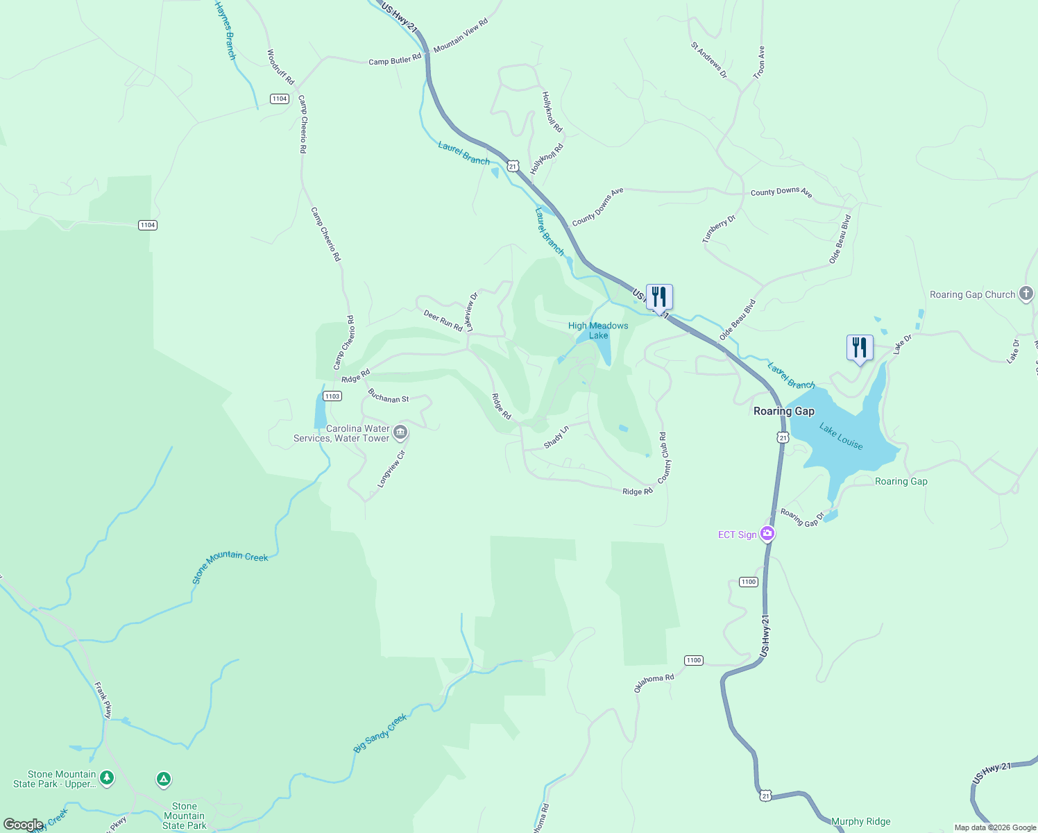 map of restaurants, bars, coffee shops, grocery stores, and more near 596 Ridge Road in Dobson