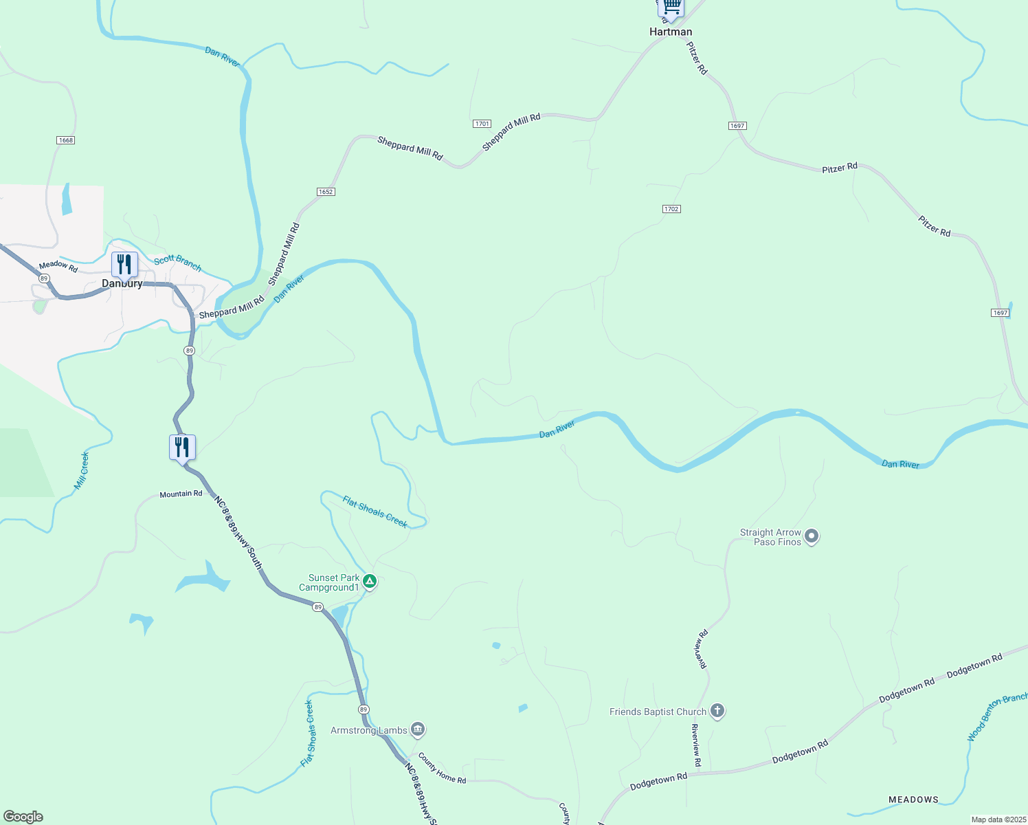 map of restaurants, bars, coffee shops, grocery stores, and more near 1663 Mission Road in Danbury