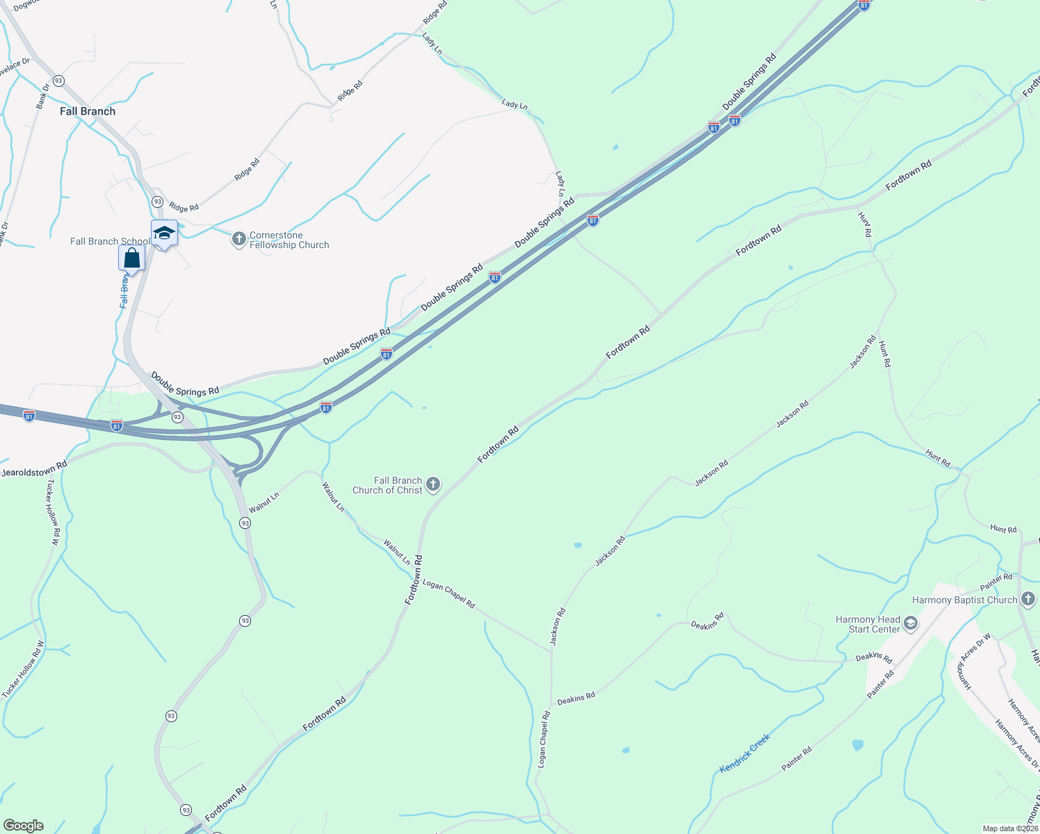 map of restaurants, bars, coffee shops, grocery stores, and more near 596 Fordtown Road in Fall Branch