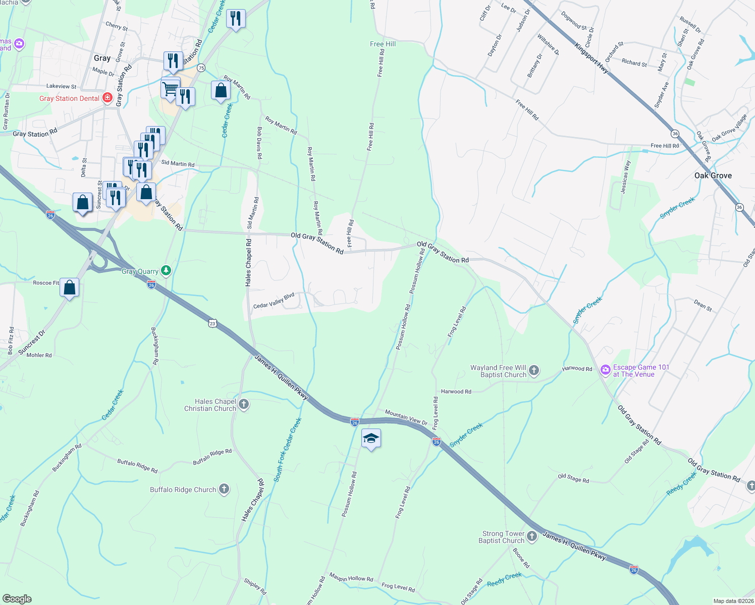 map of restaurants, bars, coffee shops, grocery stores, and more near 164 Village Lane in Johnson City