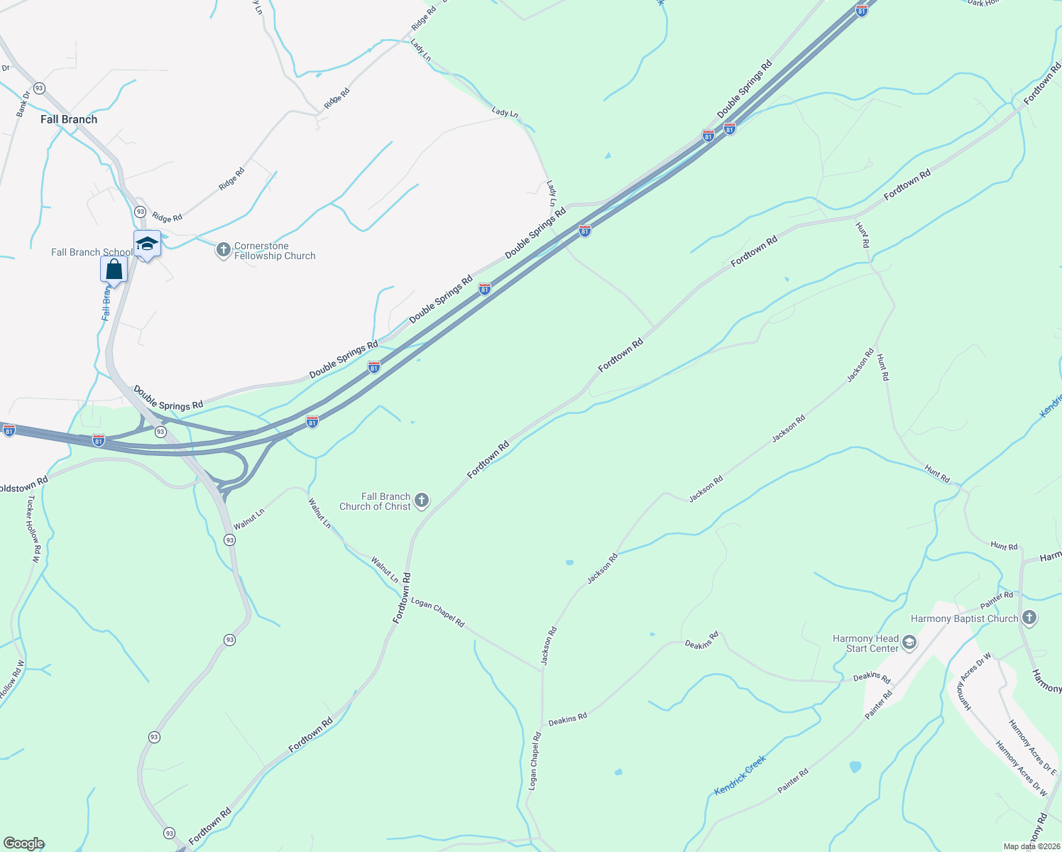 map of restaurants, bars, coffee shops, grocery stores, and more near 604 Fordtown Rd in Fall Branch