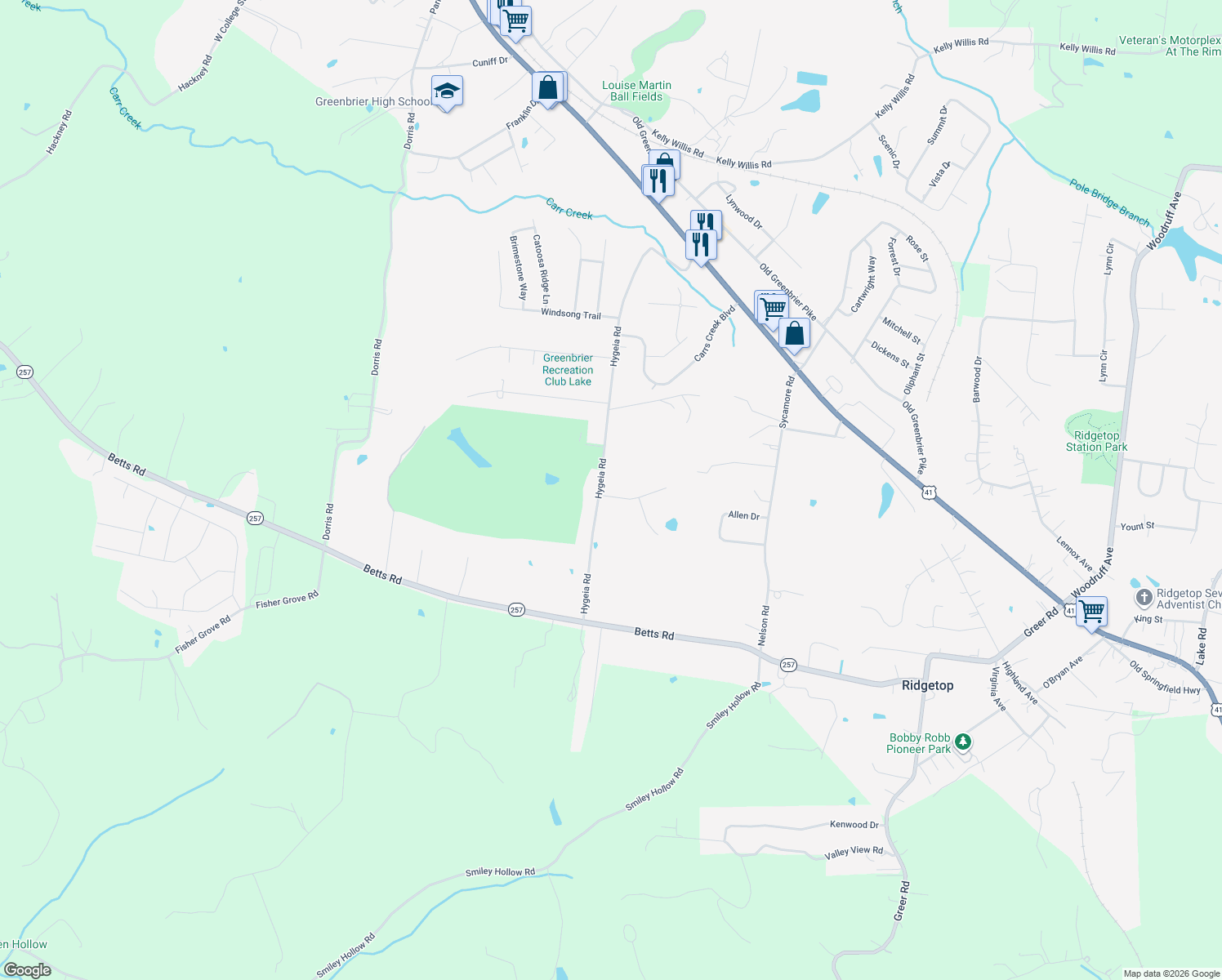 map of restaurants, bars, coffee shops, grocery stores, and more near 1913 Hygeia Rd in Greenbrier