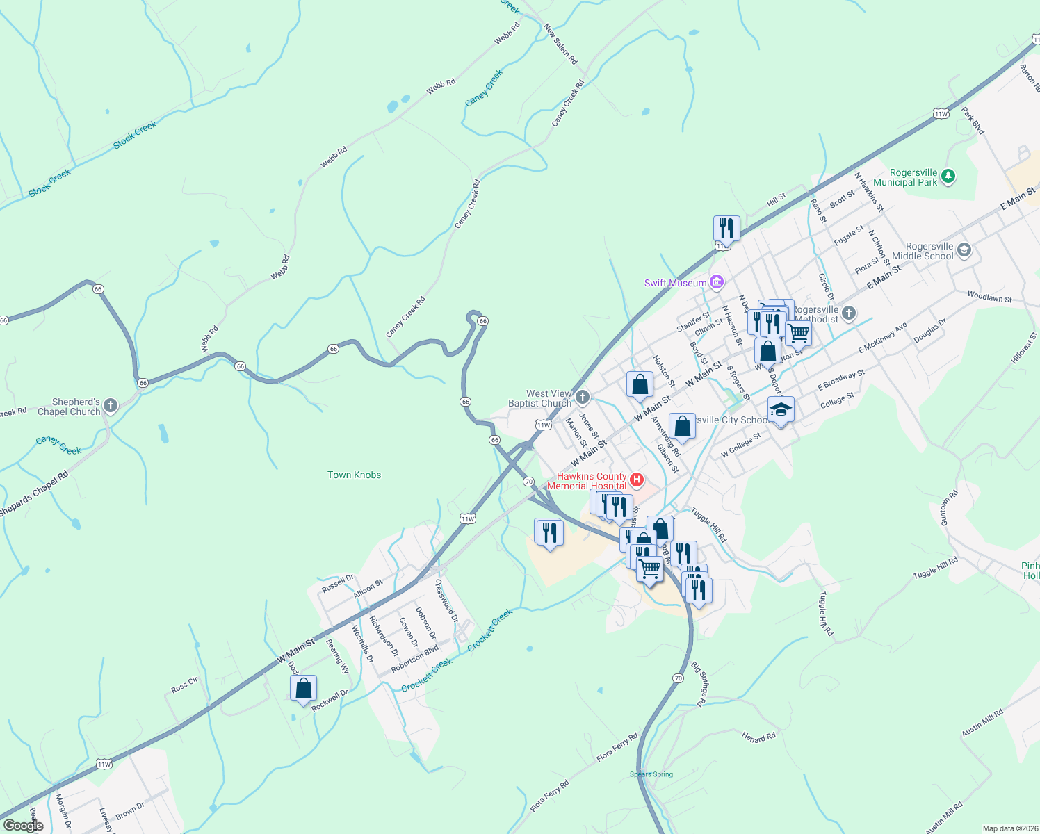 map of restaurants, bars, coffee shops, grocery stores, and more near 147 North Brummitt Street in Rogersville