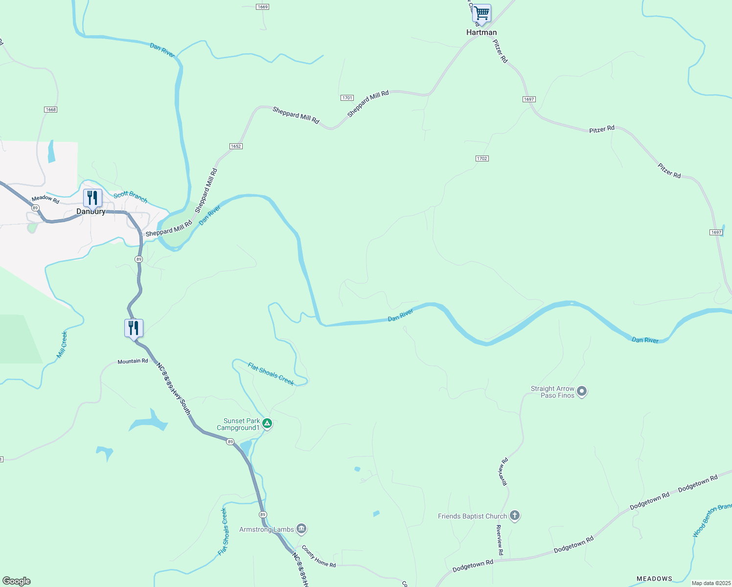 map of restaurants, bars, coffee shops, grocery stores, and more near 1663 Mission Road in Danbury