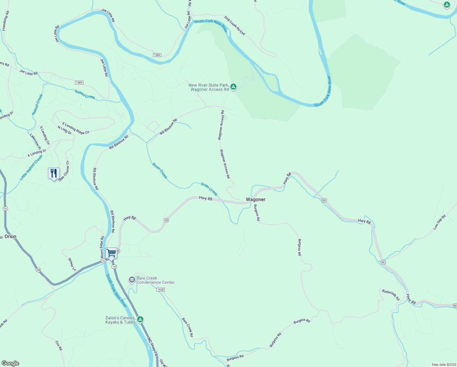 map of restaurants, bars, coffee shops, grocery stores, and more near 417 Wagoner Access Road in Jefferson