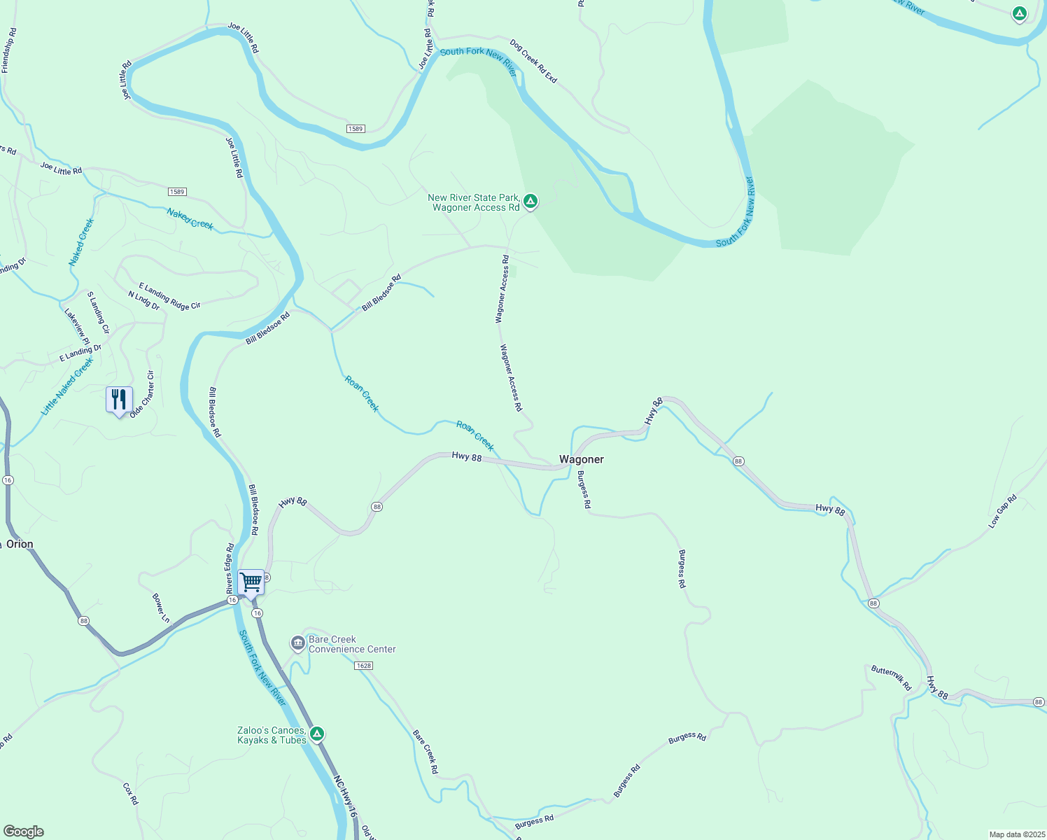 map of restaurants, bars, coffee shops, grocery stores, and more near 417 Wagoner Access Road in Jefferson