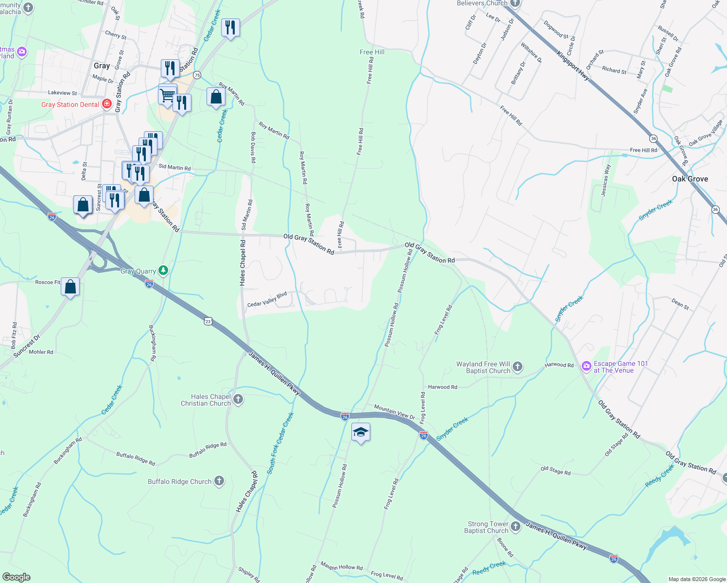 map of restaurants, bars, coffee shops, grocery stores, and more near 164 Village Lane in Johnson City