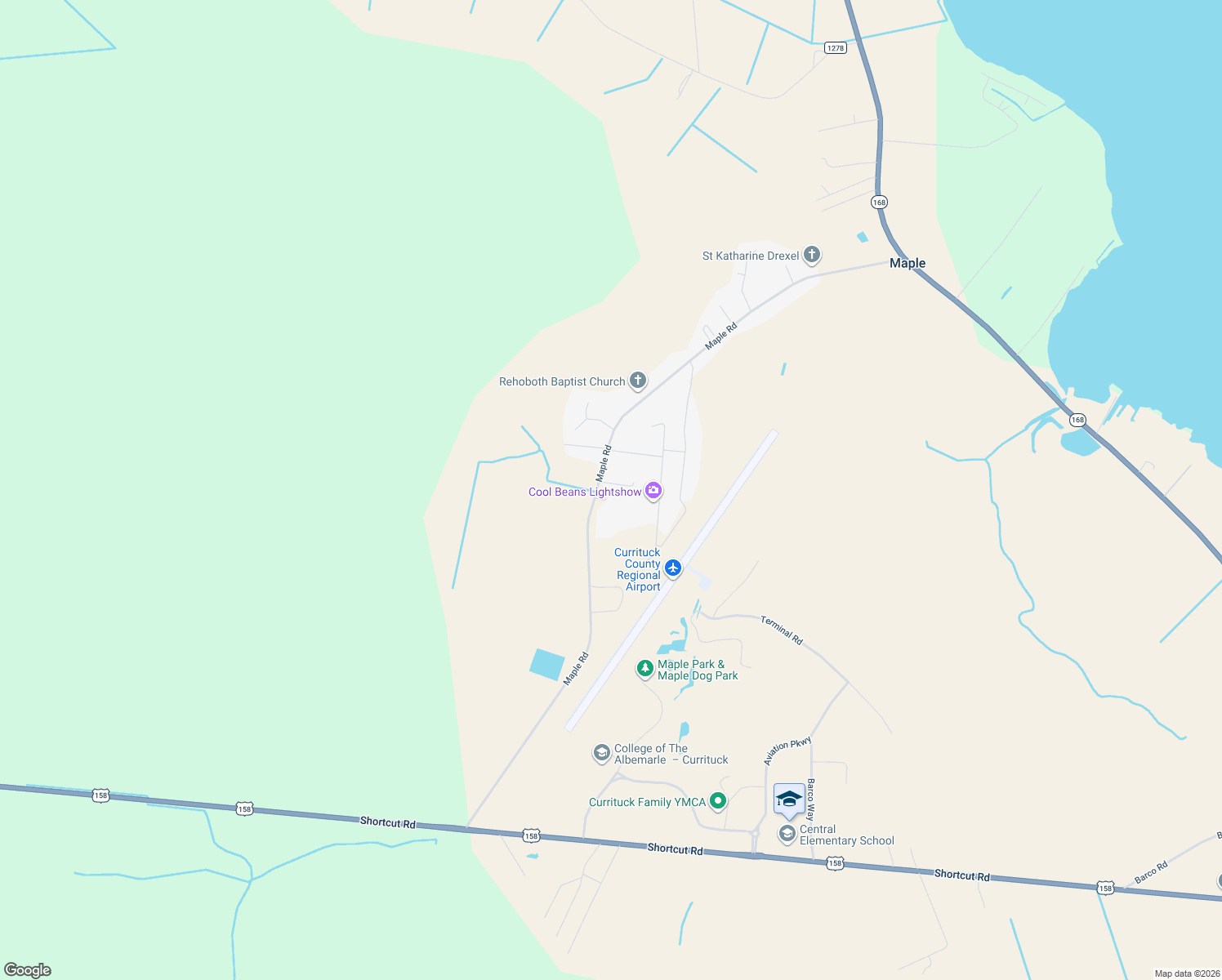 map of restaurants, bars, coffee shops, grocery stores, and more near 347 Maple Rd in Currituck