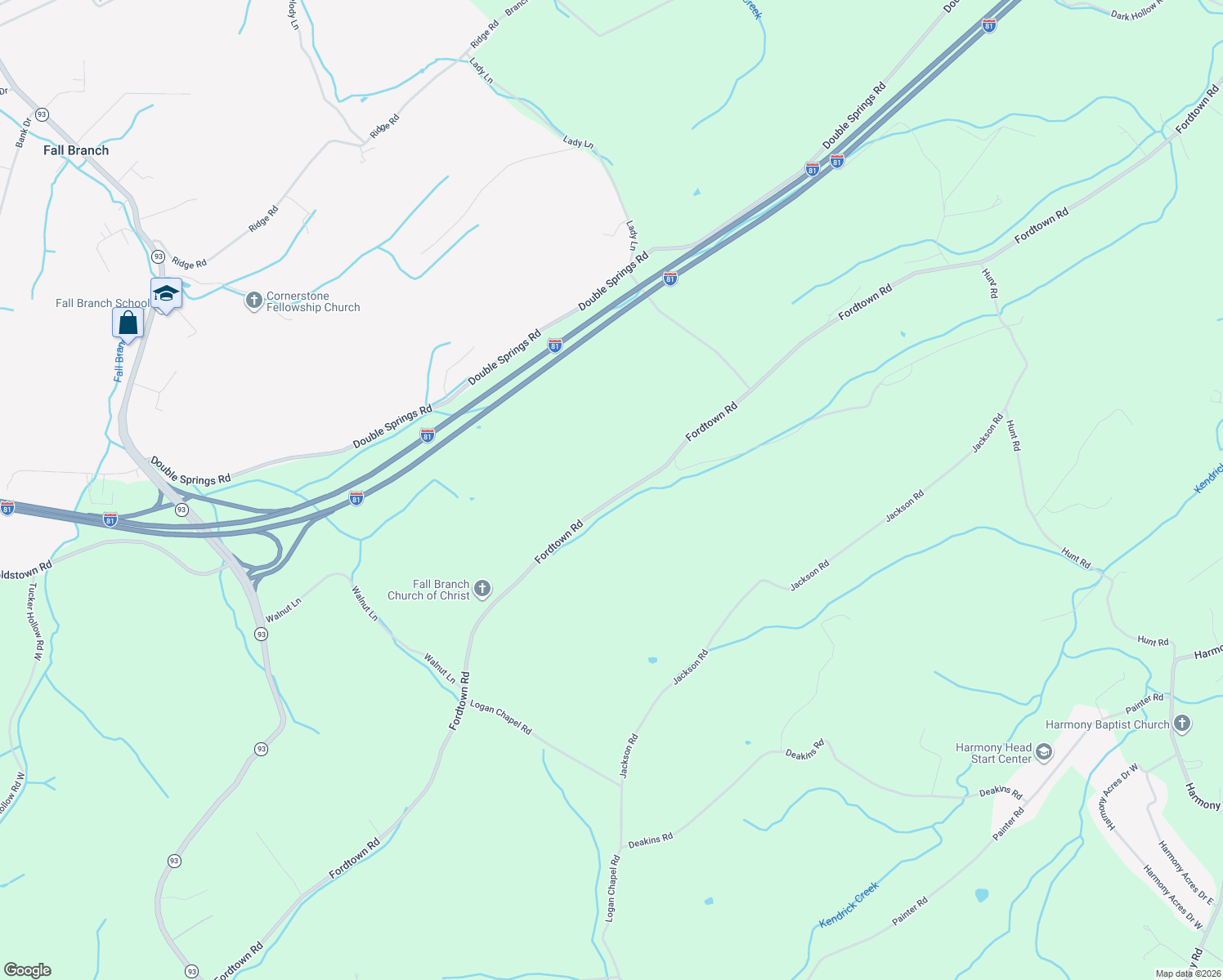 map of restaurants, bars, coffee shops, grocery stores, and more near 604 Fordtown Rd in Fall Branch