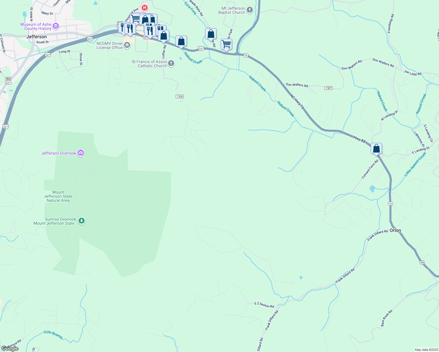 map of restaurants, bars, coffee shops, grocery stores, and more near 941 North Carolina 16 in Jefferson