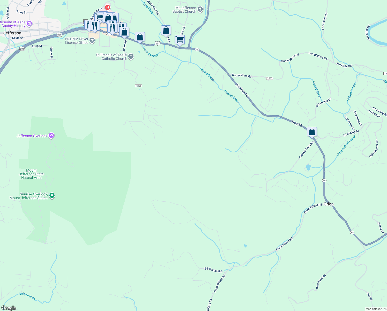 map of restaurants, bars, coffee shops, grocery stores, and more near 941 North Carolina 16 in Jefferson