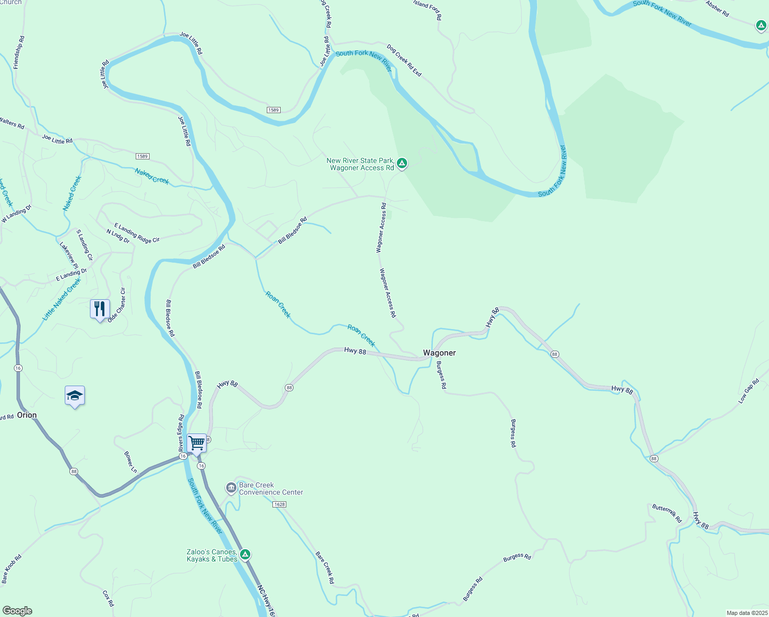 map of restaurants, bars, coffee shops, grocery stores, and more near 485 Wagoner Access Road in Jefferson