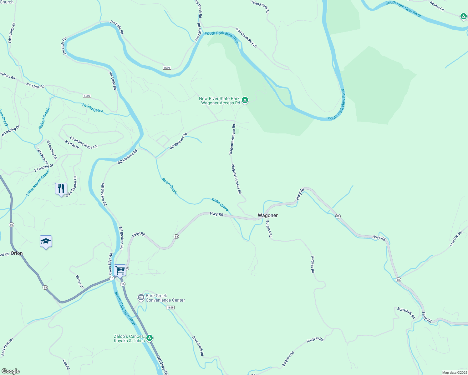 map of restaurants, bars, coffee shops, grocery stores, and more near 485 Wagoner Access Road in Jefferson