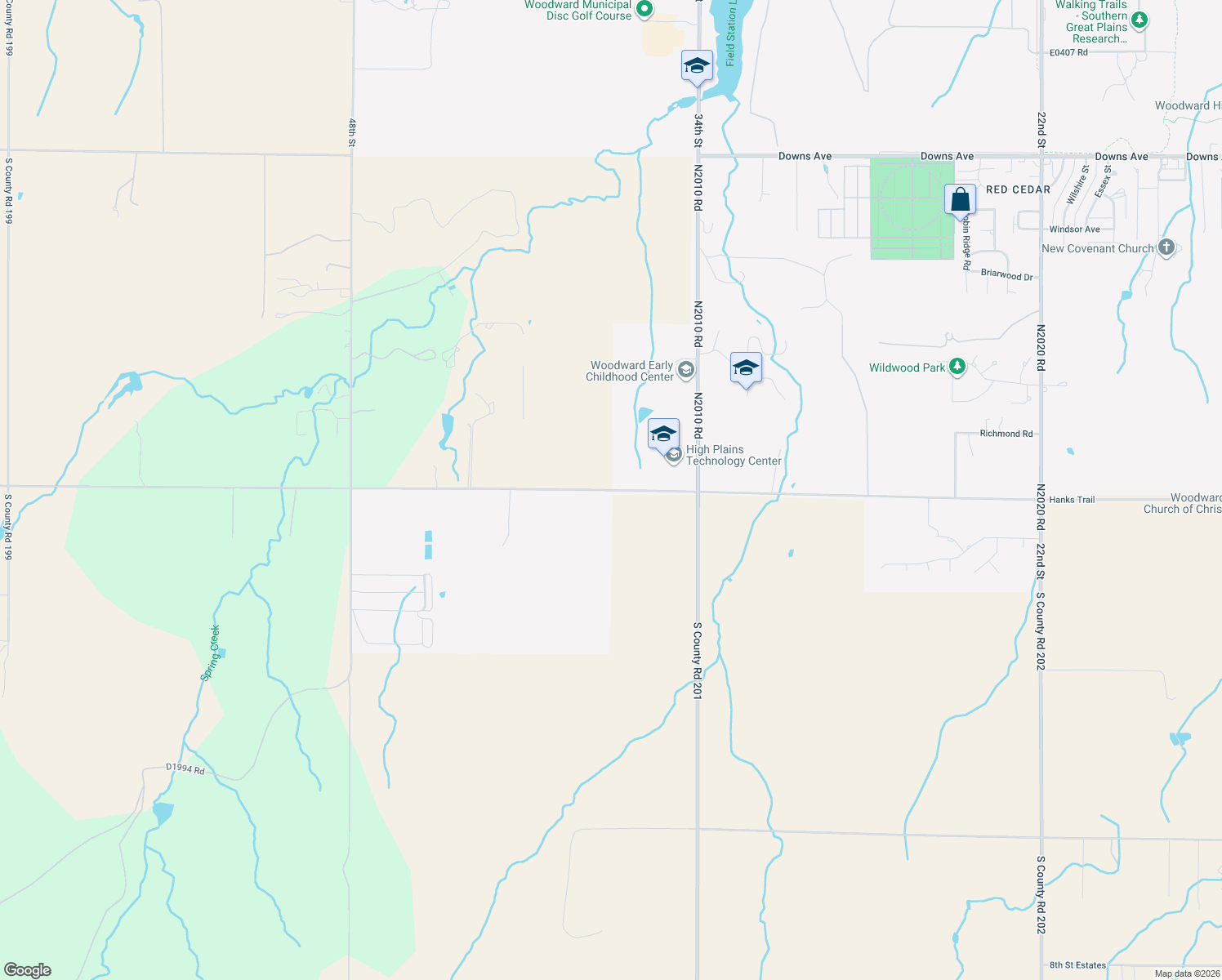 map of restaurants, bars, coffee shops, grocery stores, and more near Hanks Trail in Woodward
