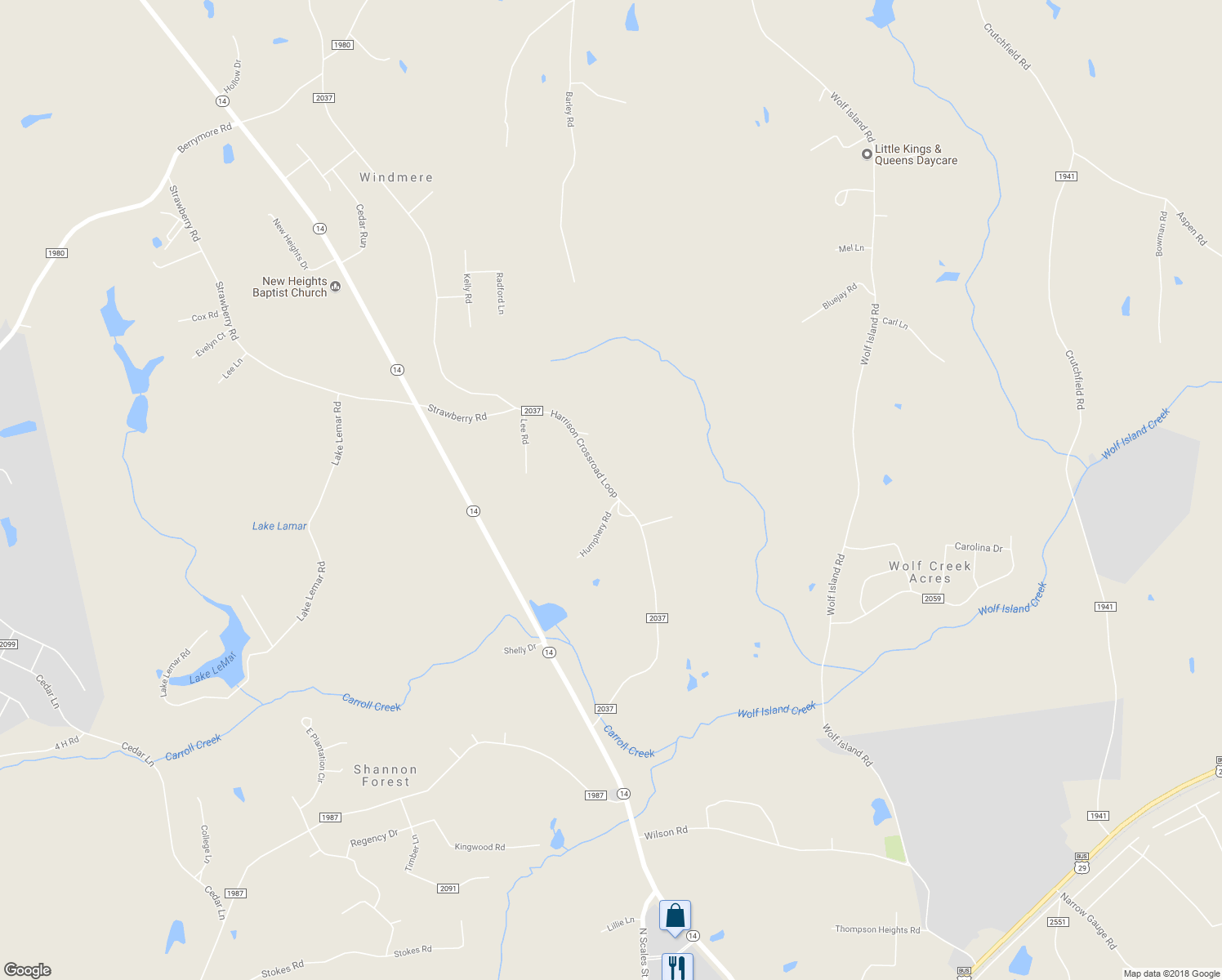 map of restaurants, bars, coffee shops, grocery stores, and more near 516 Harrison Crossroad Loop in Reidsville
