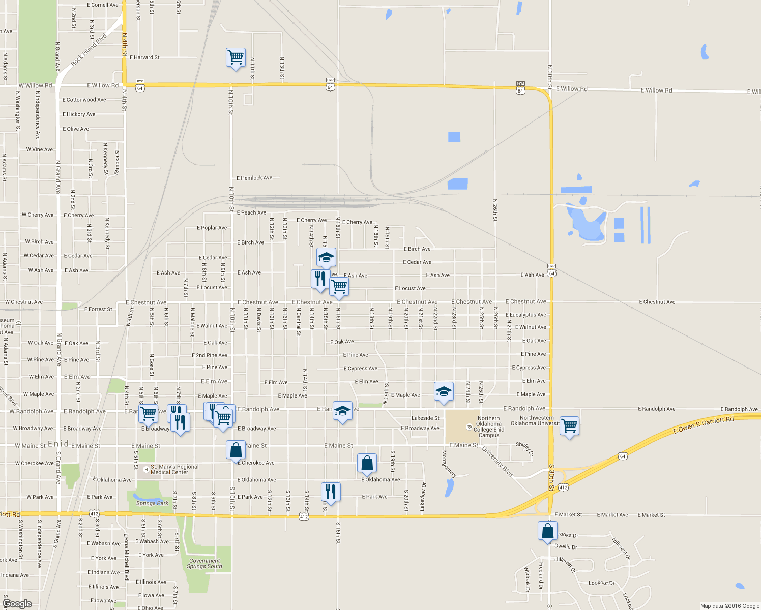 map of restaurants, bars, coffee shops, grocery stores, and more near 1813 East Chestnut Avenue in Enid