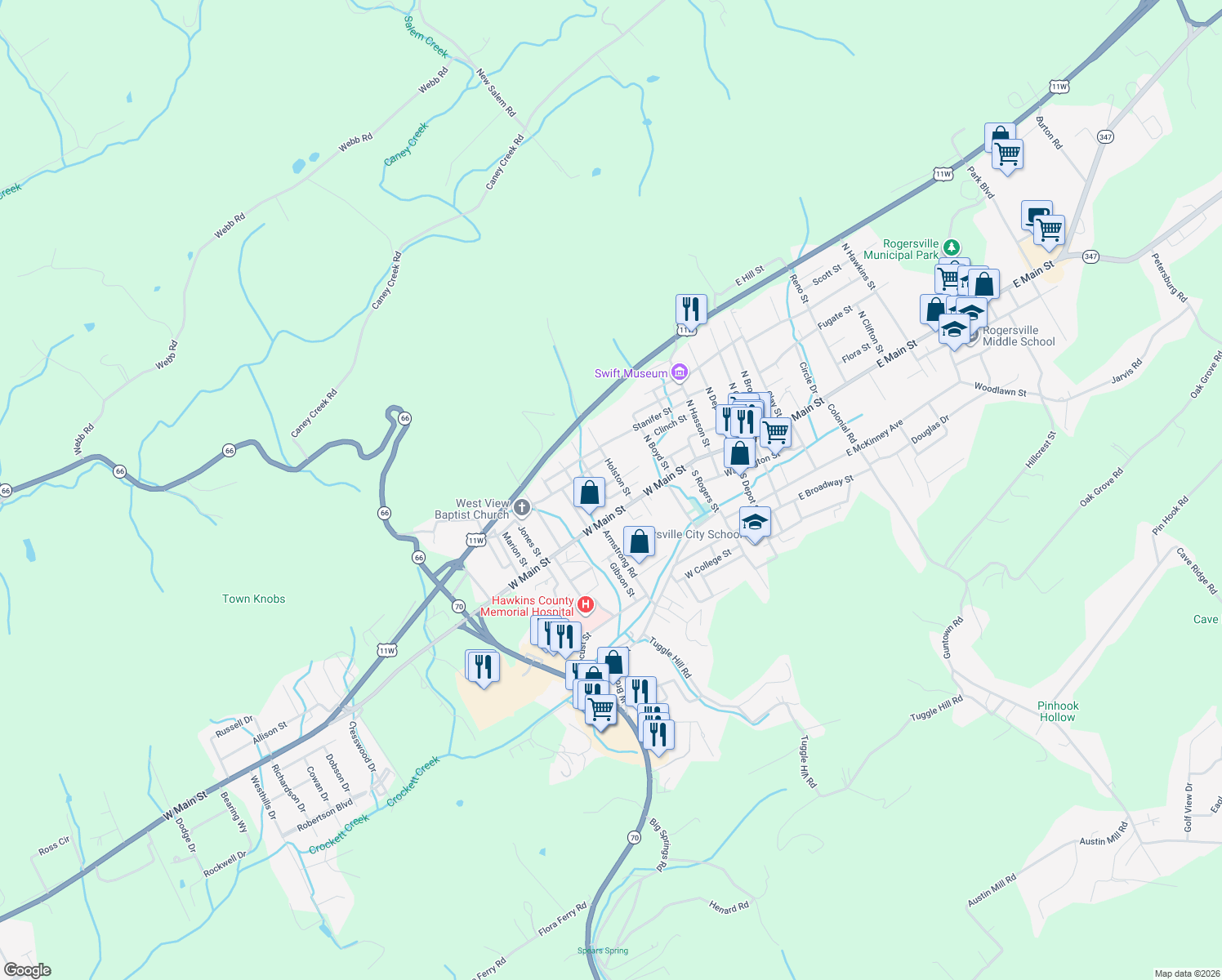 map of restaurants, bars, coffee shops, grocery stores, and more near 505 Miner St in Rogersville