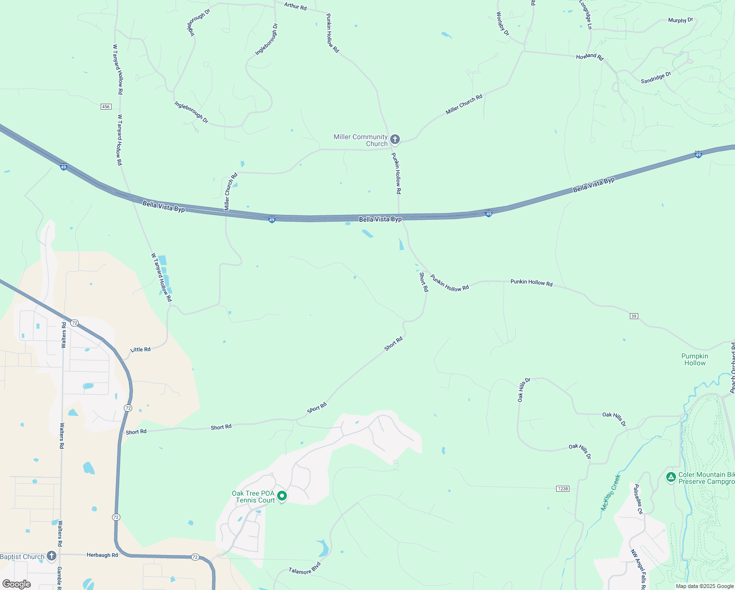 map of restaurants, bars, coffee shops, grocery stores, and more near 12153 Memory Lane in Bentonville
