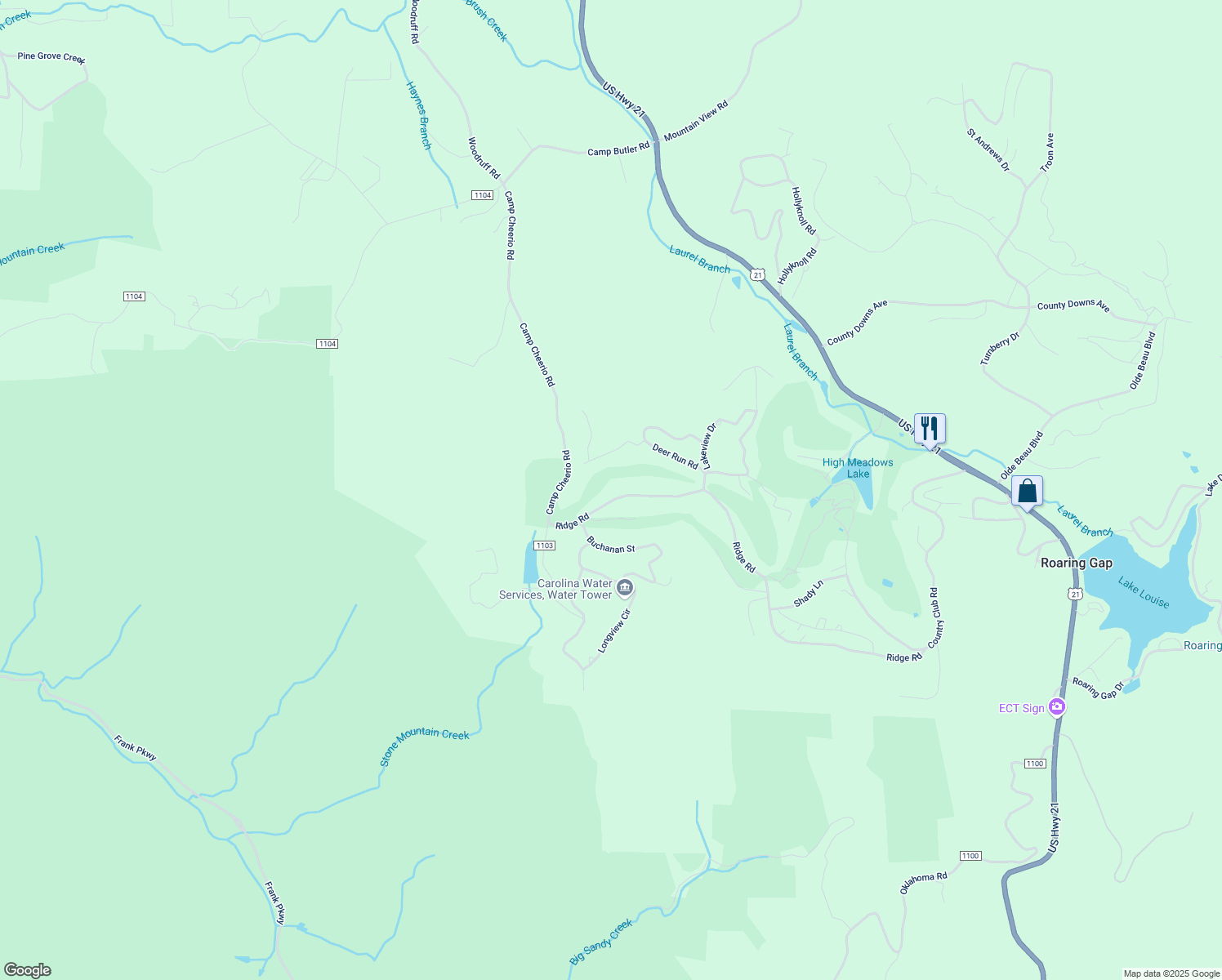 map of restaurants, bars, coffee shops, grocery stores, and more near 377 Deer Run Road in Glade Valley