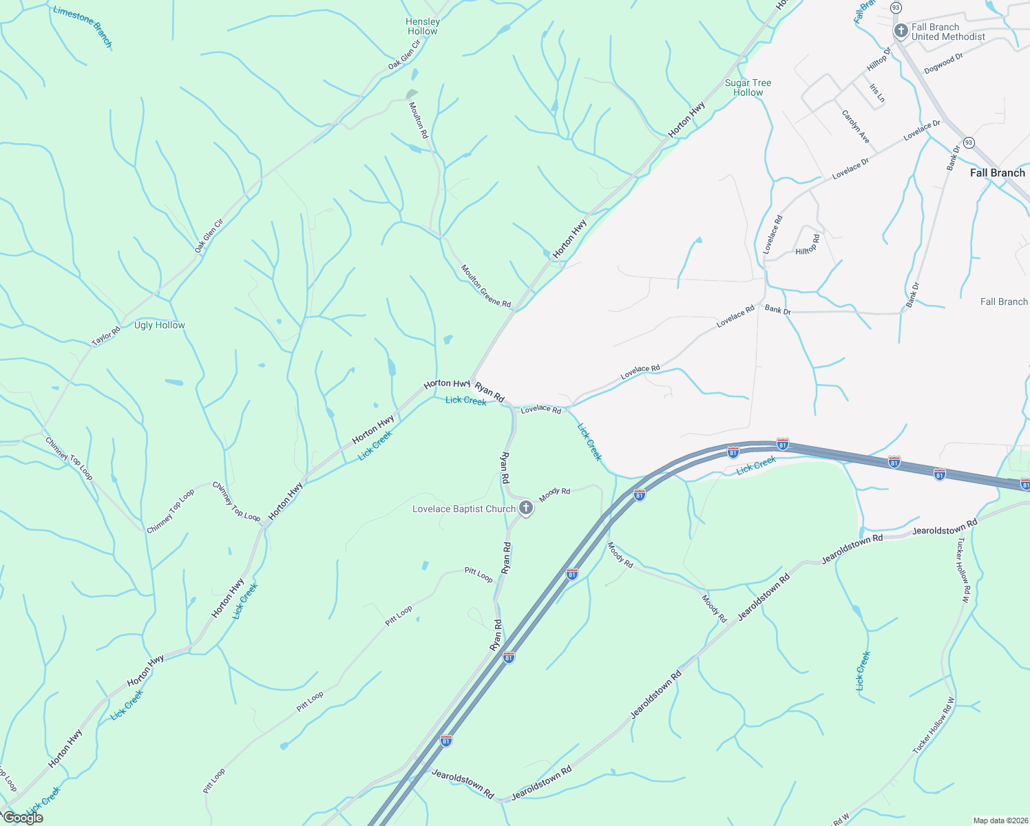 map of restaurants, bars, coffee shops, grocery stores, and more near 2 Lovelace Road in Fall Branch