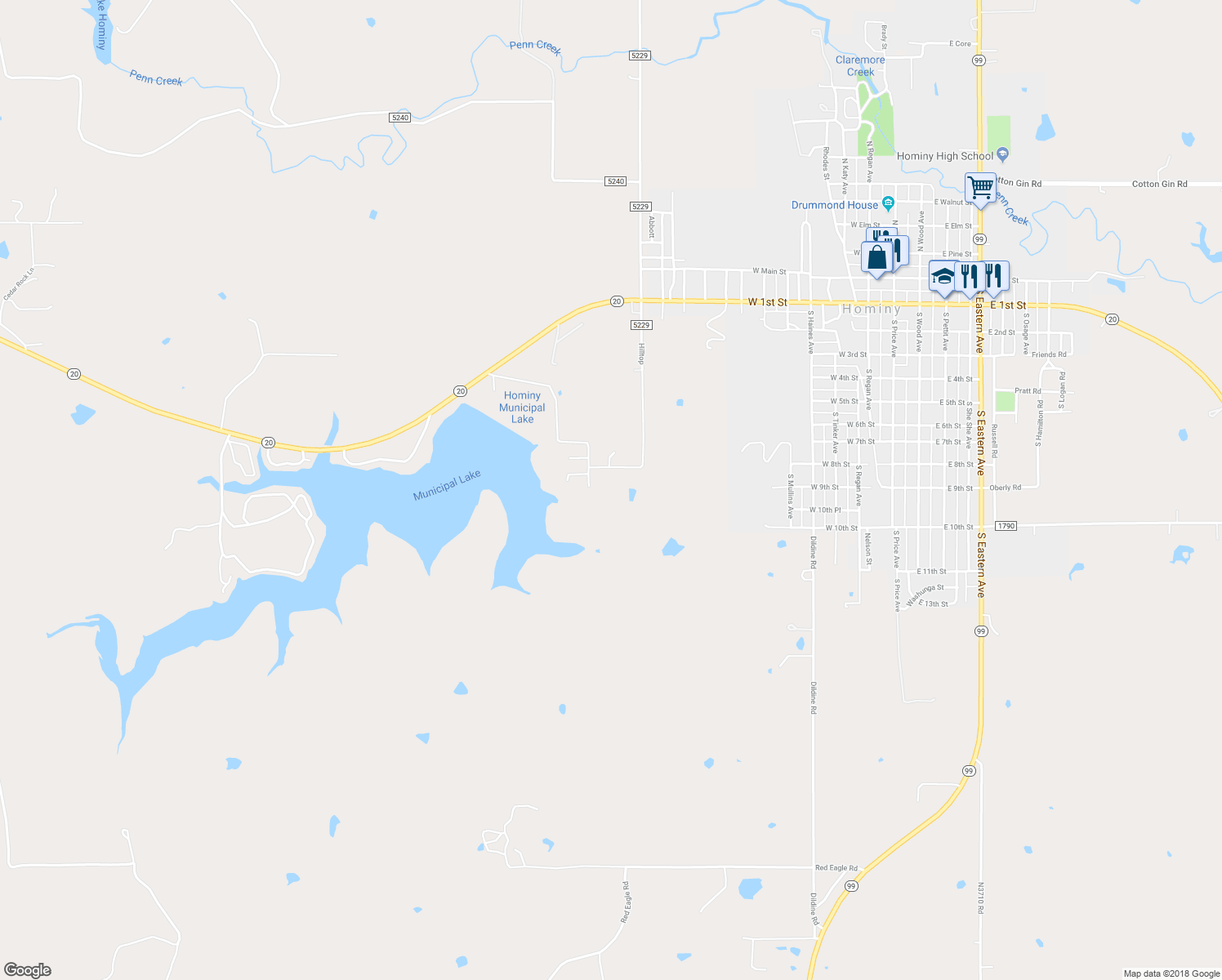 map of restaurants, bars, coffee shops, grocery stores, and more near 640 Hilltop in Hominy