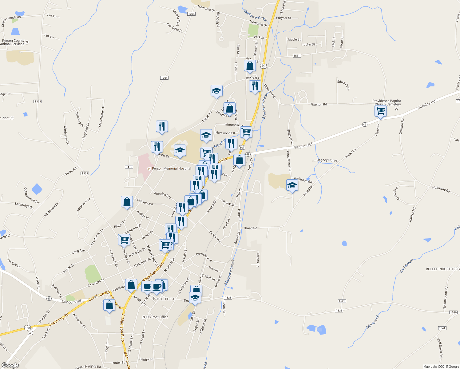 map of restaurants, bars, coffee shops, grocery stores, and more near 904 North Main Street in Roxboro