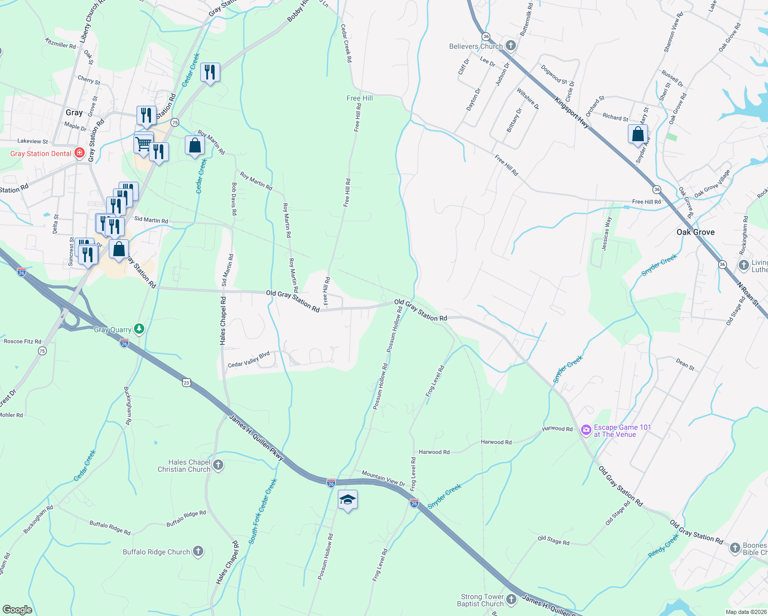 map of restaurants, bars, coffee shops, grocery stores, and more near 542 Old Gray Station Road in Johnson City